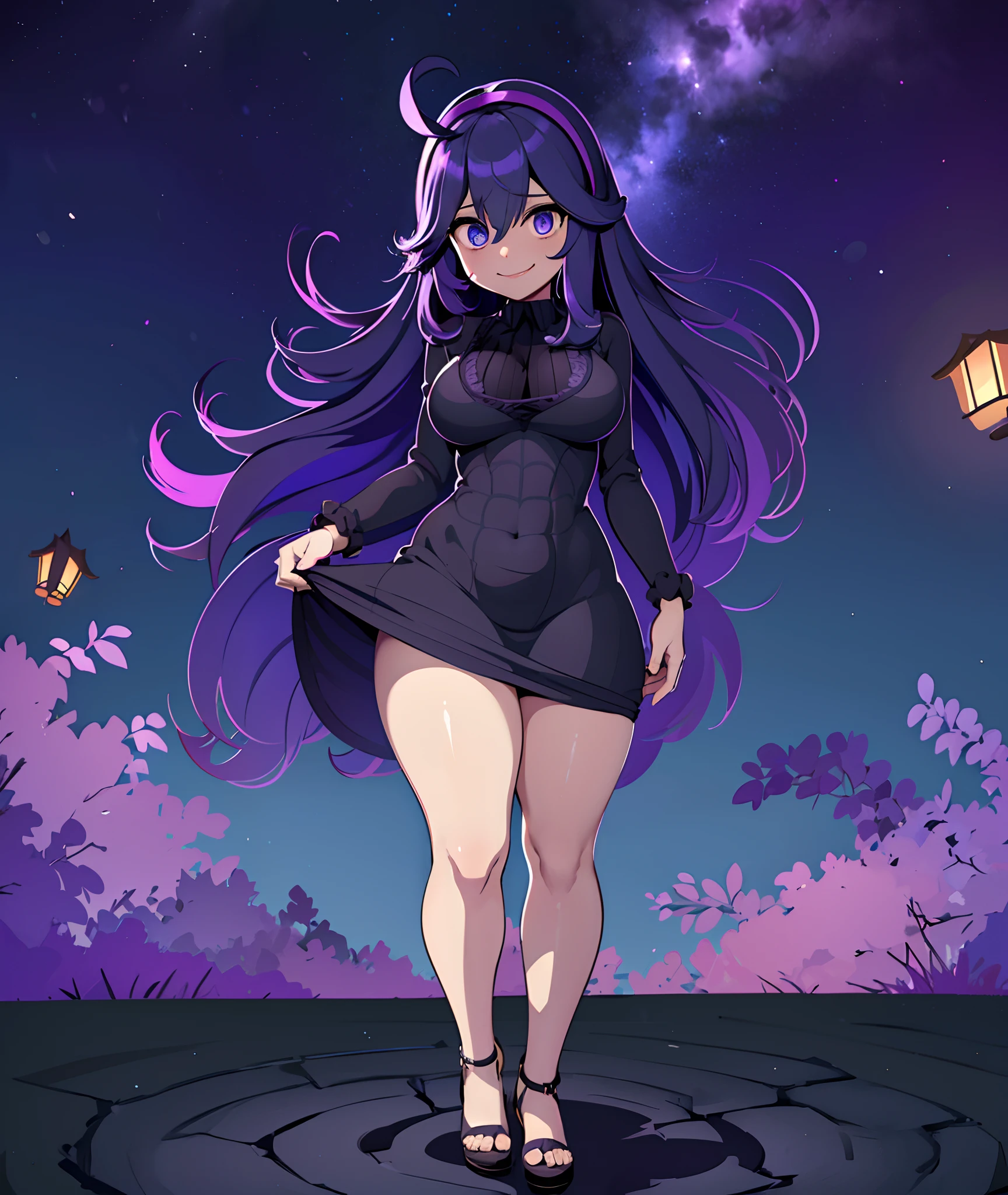 [Hex_Manic_Pokemon)], [Uploaded to rule34.xxx; (kingmaster), (shosho_oekaki), (nekololisama)], ((masterpiece)), ((HD)), ((high res)), ((solo portrait)), ((full body)), ((front view)), ((cute anime girl)), ((beautiful render art)), ((detailed soft shading)), ((soft lighting)), ((intricate details)), {(dark skin), (long purple hair), (cute purple eyes), (spiral pupils), (large boobs), (gorgeous wide hips), (thick thighs), (beautiful legs), (defined legs), (crazed gaze), (creepy smile)}, {(tight bodycon dress), (black collared dress), (black toeless heels)}, {(standing), (looking at viewer)}, [background; (haunted house), (starry sky), (full moon), (ambient lighting)]