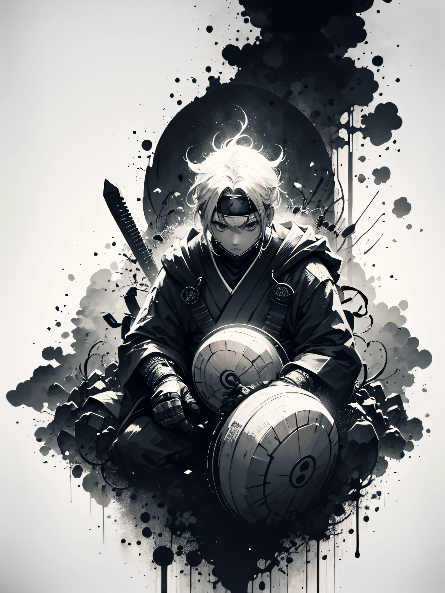 Masterpiece of a shinobi jogokurako style, made by Aase Berg, high contrast color details, black and white, anime style, Japanese theme, hyperdetailed, ultra quality, 4k, intricate lighting, chiaroscuro, white background with one color ink spots, drawing stroke made with Rottring 0.5mm pen, perfect drawing lines.