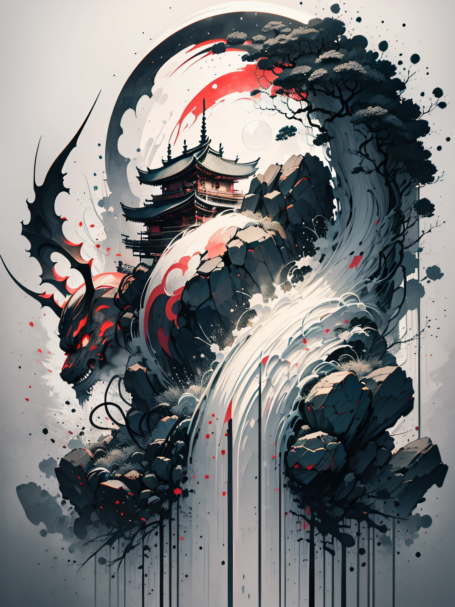 Masterpiece of a shinobi jogokurako style, made by Aase Berg, high contrast color details, black and white, anime style, Japanese theme, hyperdetailed, ultra quality, 4k, intricate lighting, chiaroscuro, white background with one color ink spots, drawing stroke made with Rottring 0.5mm pen, perfect drawing lines.