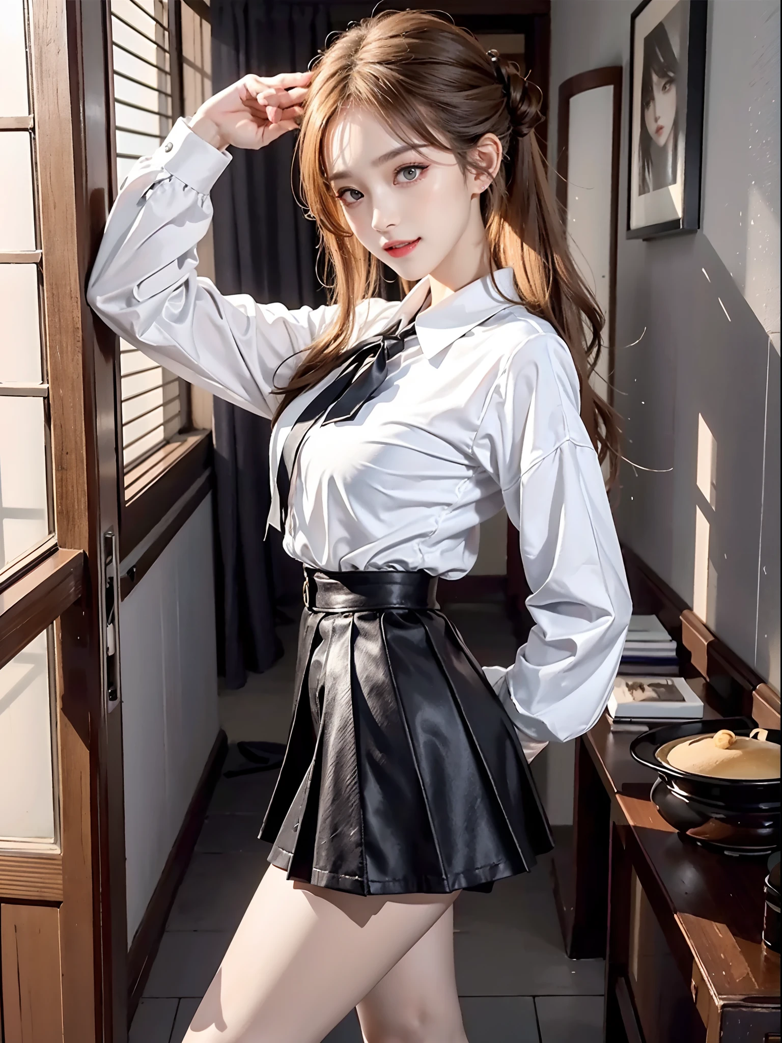 ((knee shot)), ((from side)), Korean school uniform，White color blouse, black short skirt, Bright blonde hair，In the hallway, standing on your feet, leaning against the railing, Cross ed leg, posing elegantly, Looks to the side, 8K original photos，A high resolution，20yr old，Korean model，beautiful eyes in detail，long eyelasher，beautiful double eyelid，eye shadows，eyes liner，Elongated eyes，Elongated eyes，Elongated eye shape， Sanbai's eyes，evil grin smile，Evil expression，Beautiful very thin legs，slender leg，Random medium hair，Hair tied behind the head，耳Nipple Ring, light make-up, ((warm lights, a warm color palette))