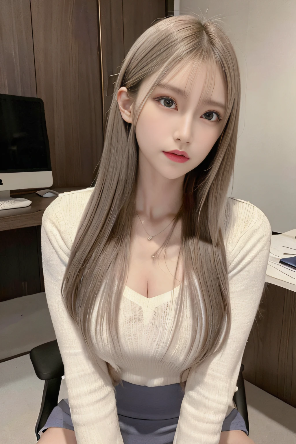 25 year old woman, Wearing a women's suit, Office Desk, very beautif, High-definition facial skin texture, realistic skin textures, Model body type, Sit on a chair, Glossy suit, medium and tall body shape,,,,,,,,,,,,,,,,,,,,,,Large eyes, The jaw tip is firm, Buttocks are small, Sareme、Cool eyes, Enlarge chin, sitting on, The lower body is small, Cool Beauty, Beautiful shape, Live action, be sweaty, Long straight hairstyles, The bust is slightly larger, a miniskirt, pantyhose, tied behind the back、slim figure、(Skinny face:1.6)、Inverted triangle face