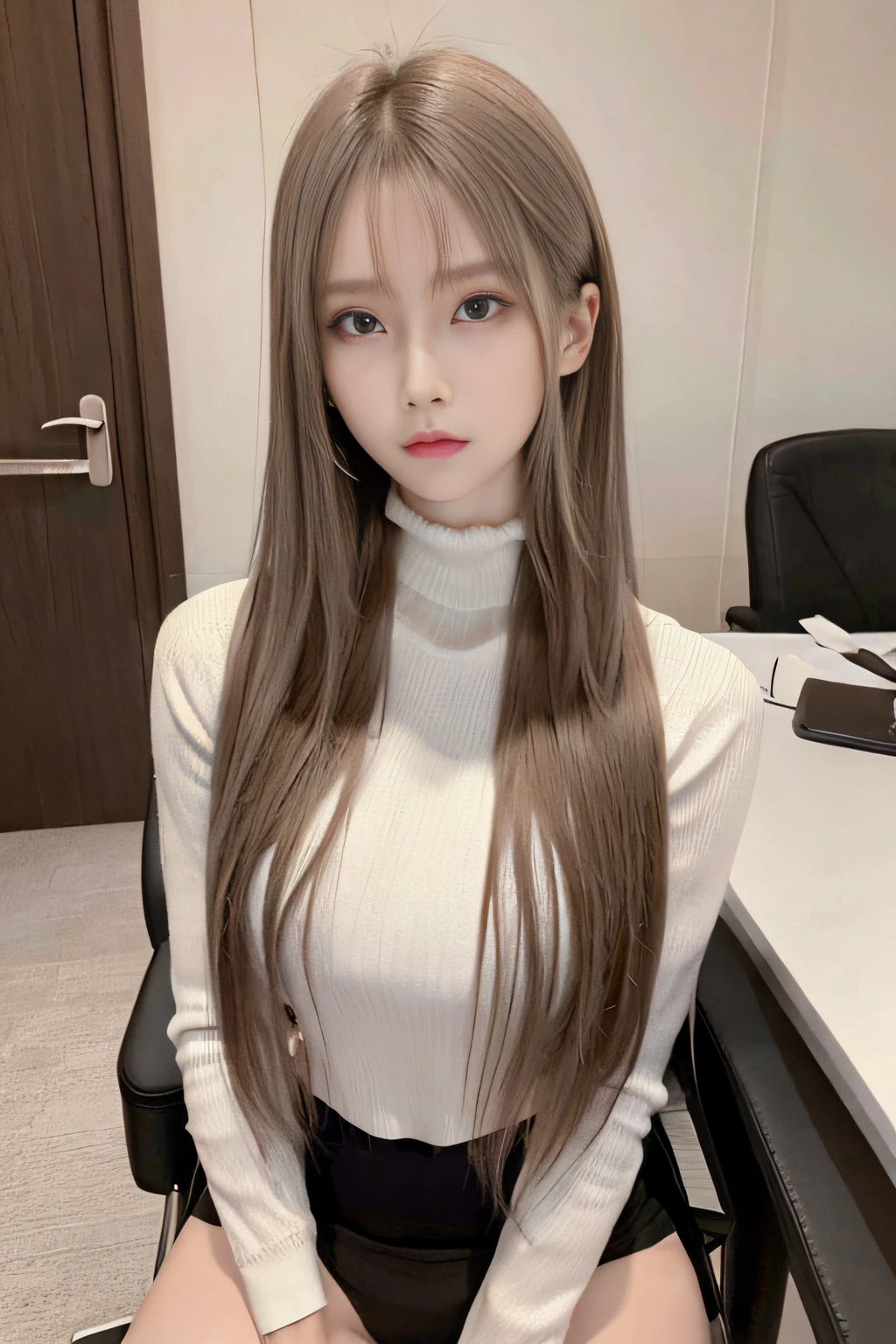 25 year old woman, Wearing a women's suit, Office Desk, very beautif, High-definition facial skin texture, realistic skin textures, Model body type, Sit on a chair,  Glossy suit, medium and tall body shape,,,,,,,,,,,,,,,,,,,,,,Large eyes, The jaw tip is firm, Buttocks are small, Sareme、Cool eyes, Enlarge chin, sitting on, The lower body is small, Cool Beauty, Beautiful shape, Live action, be sweaty, Long straight hairstyles, The bust is slightly larger, a miniskirt, pantyhose, tied behind the back、slim figure、(Skinny face:1.6)、Inverted triangle face