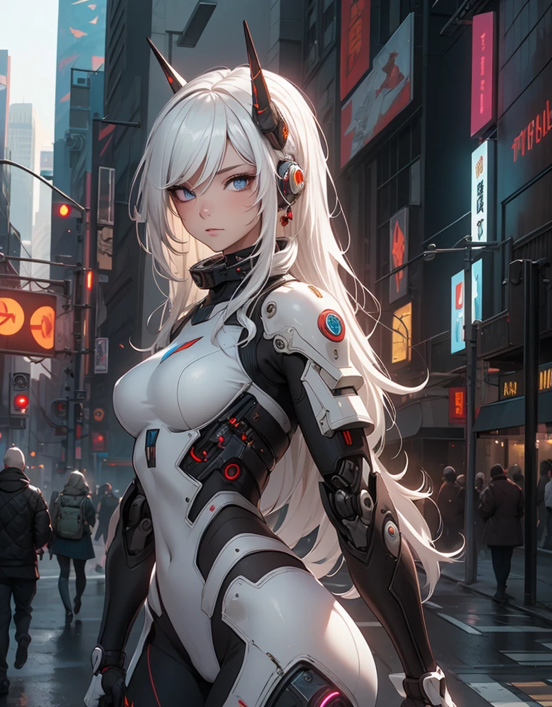 1girl in, Beautiful girl cyborg cyberpunk with skyscrapers in cyberpunk city, White hair, White and orange and black machine suit color combination, Body full of machines, Realistic futuristic hologram, Asian skin tone, beautidful eyes, beautiful asian face, Cyber Ear Machine, The suit is a solid mech, Realistic Machines, SF Escape, The operation is a masterpiece, Long hair, masutepiece, Cyberpunk suits, Realistic sci-fi building texture mechaesthetics, Digital Cyberpunk, looming over a city, Cyber Technology, Realistic hair, Lots of hair, white hair, Realistic metal three-dimensional effect of buildings, Realistic Neon Glow, Realistic neon signs, Great sidelights, Realistic futuristic cyberpunk building, Realistic Girl Robot Cyberpunk, Fog, Hoogie, A masterpiece of detail, raw picture, depth of fields, Points of Interless, The depth of field is impressive, Best Photographic Composition Masterpiece, Natural realistic hair, Rules for the third masterpiece photo, Natural lighting, Masterpiece natural light shooting from the side, Realistic skin texture, Strong reflection, ( Pinterest Pose) Masterpiece beautiful, demonic horns, Smooth Pixel, llight rays, Soft light, Small breasts, Cybermask's Mastepiece, Masterpiece Fantasy Gun, Carry fantasy weapons