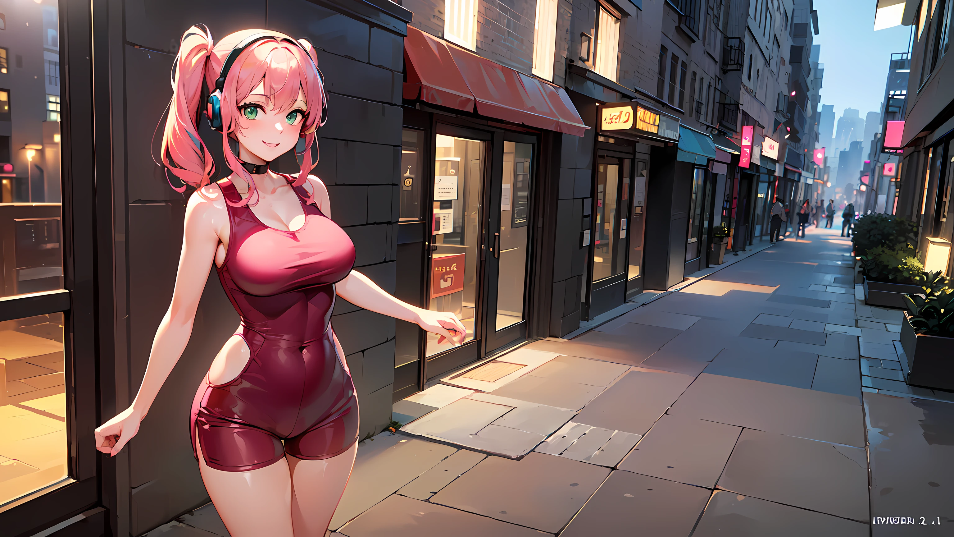 ​masterpiece, 1girl ((20year old, dressed in a tight 1 piece shorts romper, sneakers, medium breasts:1.2, multicolor pink hair, twin ponytails, perfect model body:1.3, green eyes:1.5, flirting, happy, big smile, wearing headphones, looking at viewer, walking down a busy city street during evening time:1.2, cowboy shot:1.3, tall buildings in the background:1.3, fun and exciting atmosphere:1.2)) ((solo:1.7)) ((evening time))