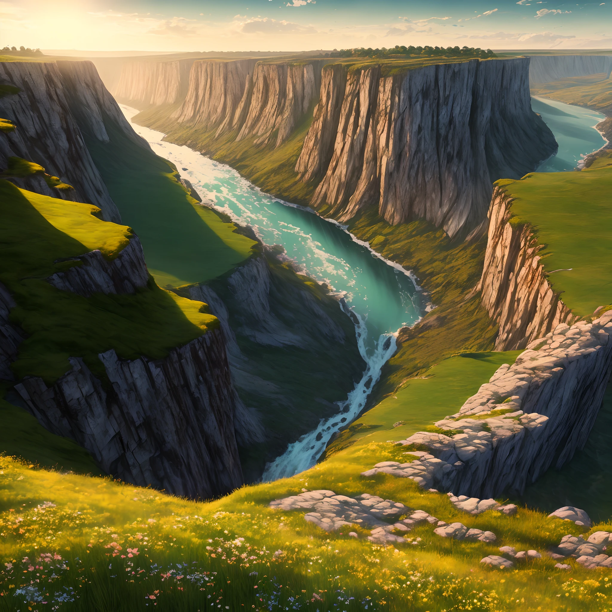 Very high and huge cliff 8k quality evening time yellowish sunlight cinematic view a river flowing through them with flowers and grass along its margin hyperrealistic highly detailed
