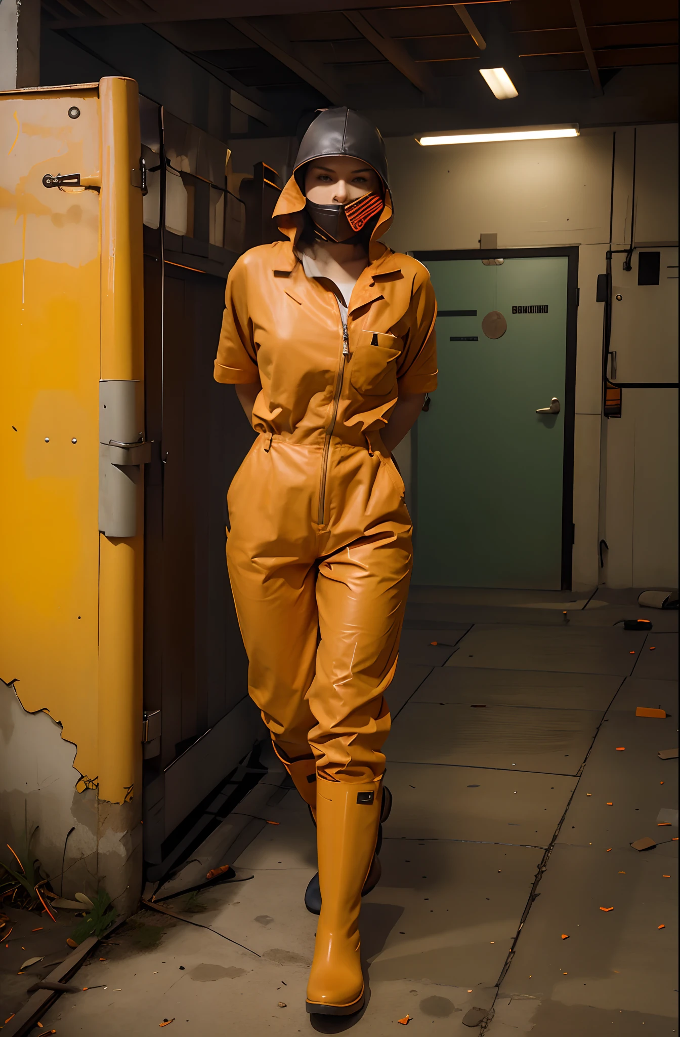 Improve her bdsm leather hood, improve her orange prison jumpsuit ad improve her green Hunter rubber boots