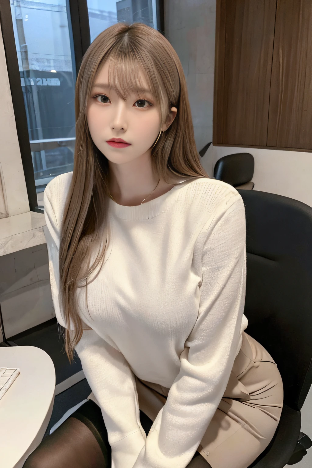 25 year old woman, Wearing a women's suit, Office Desk, very beautif, High-definition facial skin texture, realistic skin textures, Model body type, Sit on a chair, Glossy suit, medium and tall body shape,,,,,,,,,,,,,,,,,,,,,,, The jaw tip is firm, Buttocks are small, Cool eyes, Enlarge chin, sitting on, The lower body is small, Cool Beauty, Beautiful shape, Live action, be sweaty, hime_cut, The bust is slightly larger, a miniskirt, pantyhose, slim figure、(Skinny face:1.4)、Inverted triangle face
