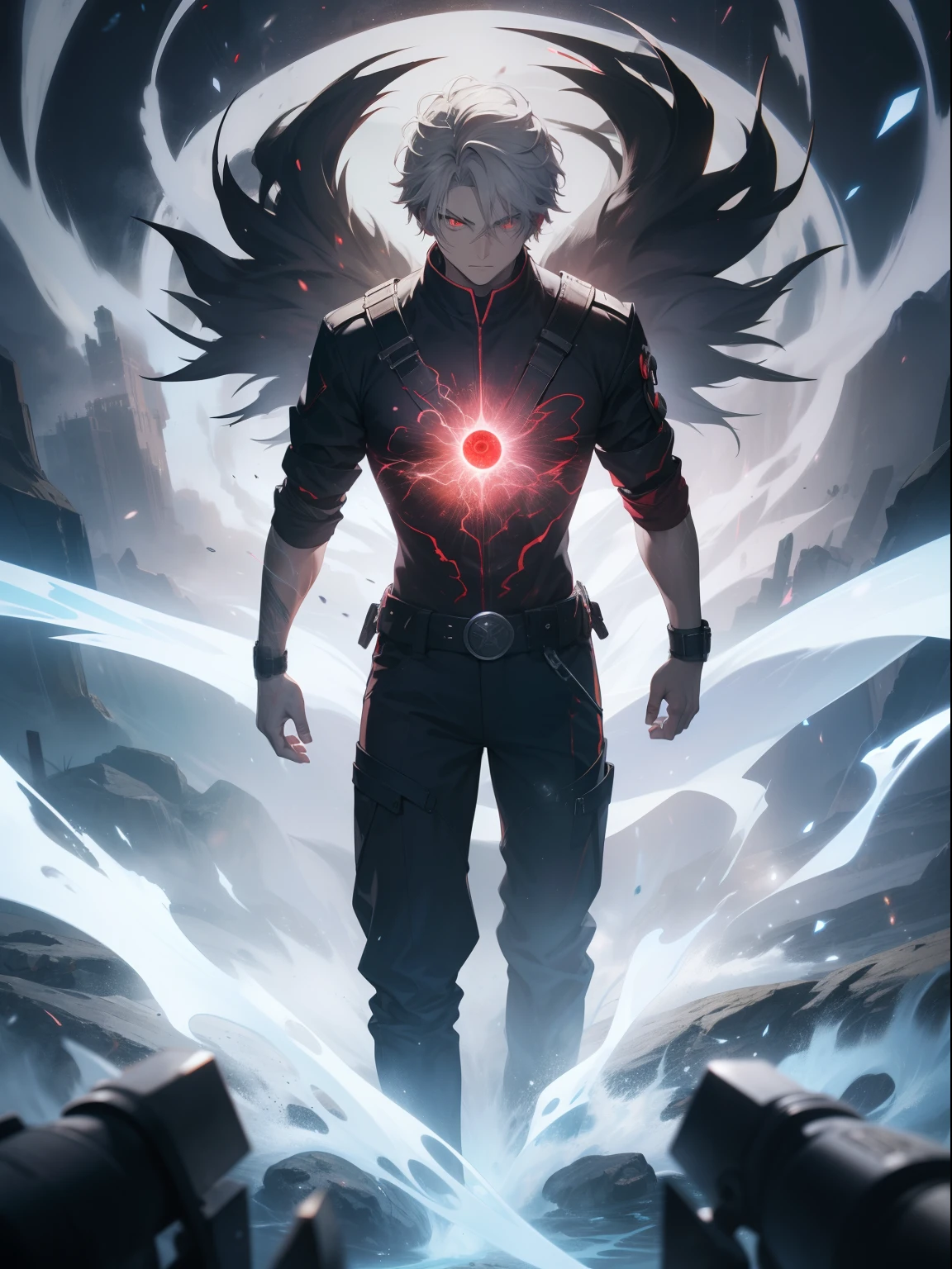 Gray-haired artificial soul, Red-eyed male protagonist emerging from his body, It is represented as etheric energy with a swirling pattern, When He Confronts God Who Reigns in the Heavenly Realm