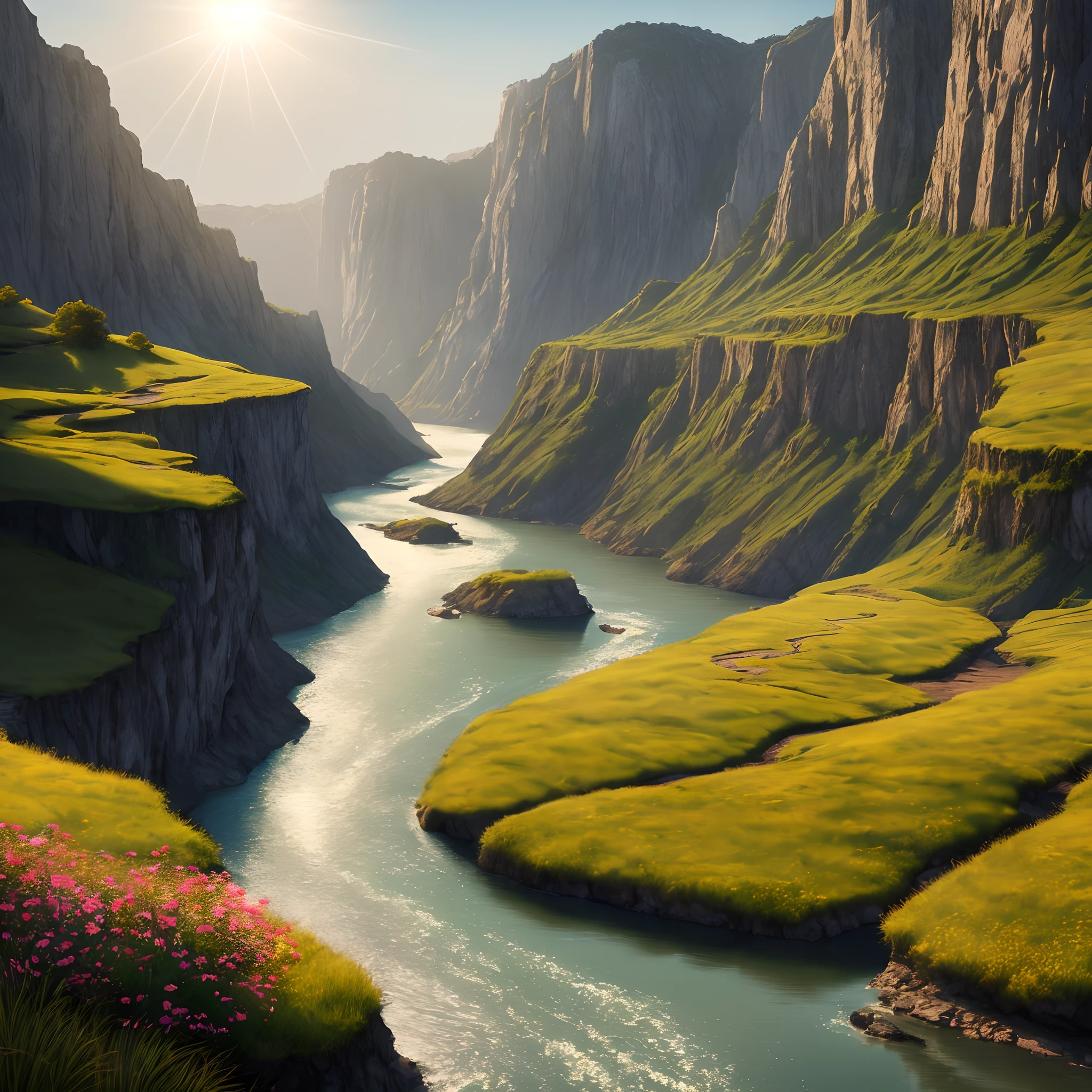 Very high and huge cliff 8k quality evening time yellowish sunlight cinematic view a river flowing through them with flowers and grass along its margin hyperrealistic highly detailed