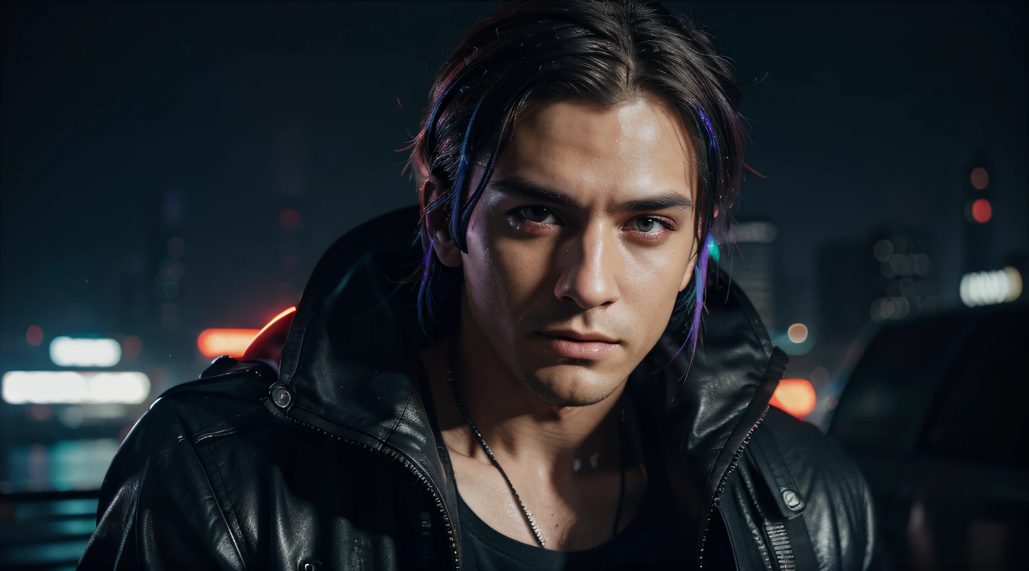 Background Change Cyberpunk Handsome Boy, realstic face, Man with sensory headset, RGB Color Cloud, Bright RGB colors, The boy's cyberpunk style and hip-hop movement reach a climax, foreshadowing the city's fantastic future, neons, Lightning in the sky, Best quality at best, masterpiece, The ultra-Highres, (Fotorrealista:1.4), Photo RAW 8K, professional photograph, award winning picture, ((buff)) cinematography//,detailed skin texture, detailed cloth texture, beautiful and delicate face, intriciate detail, The ultra-detailliert.