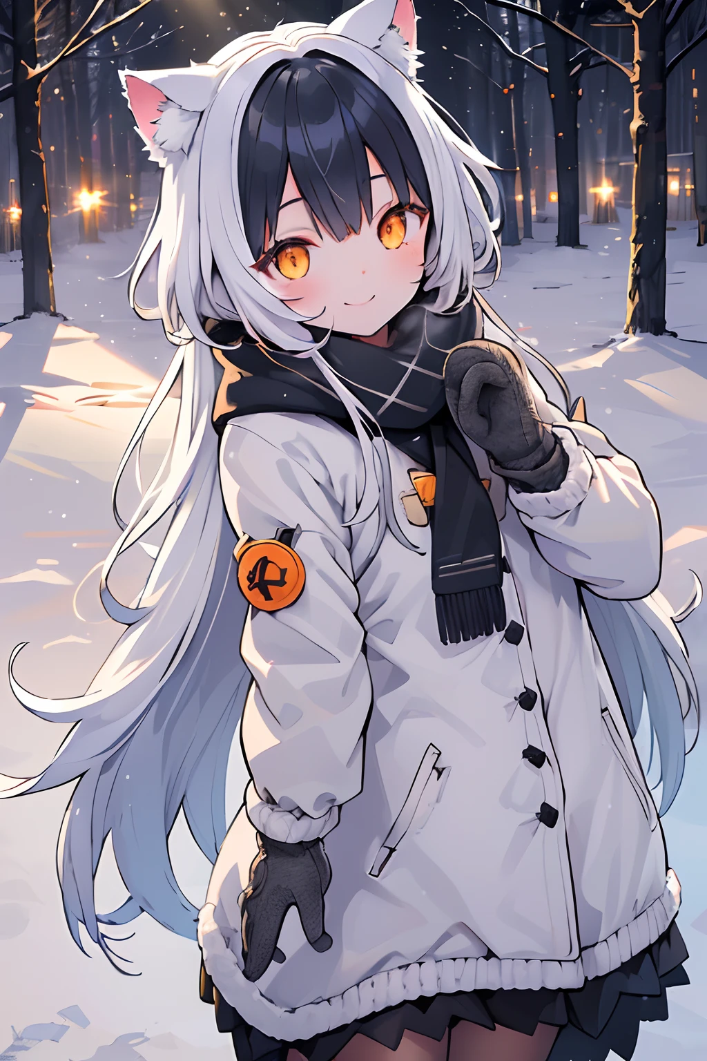 (Best Quality:1.05), 1girl in, Winter clothes, detailed  clothes, High quality winter clothes, intricate detailes, mittens, Smiling, Cold, Forest Village, Snow, yuki, Sun rays, Shining, zori, evening sun, Cat ears, Orange Eyes, White Winter Jacket,   Dynamic lighting, intricate detailes,