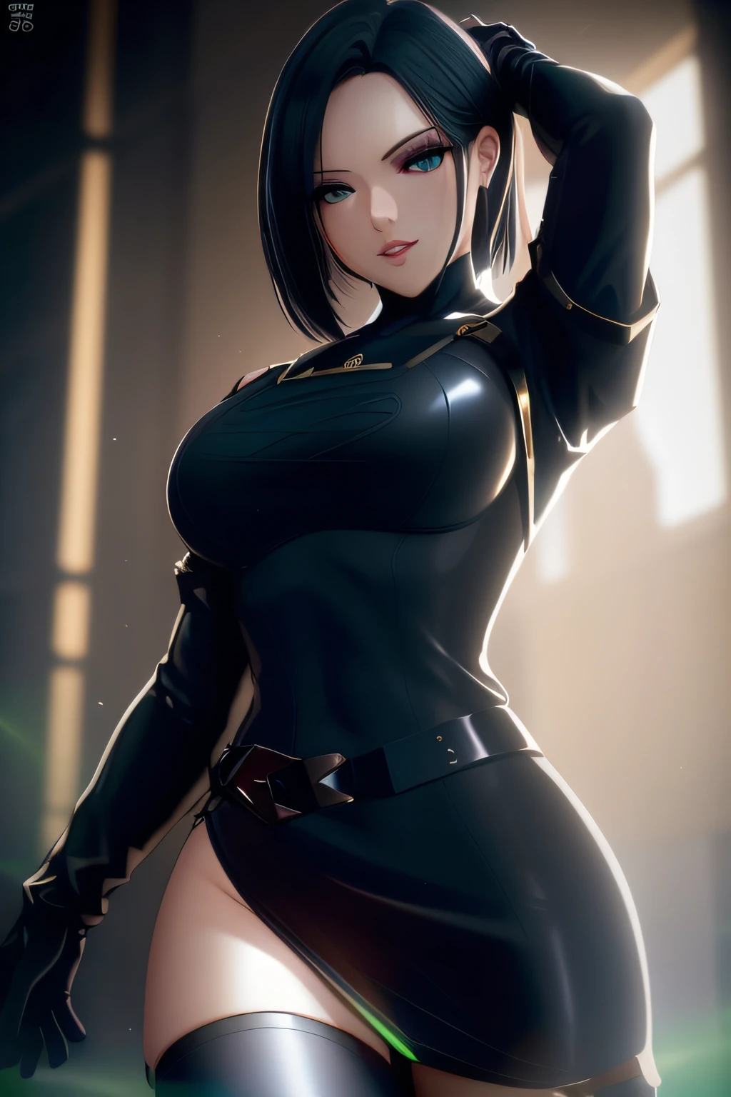 pixel-Viper, masterpiece, photorealistic, realistic, (RAW photo, 8k uhd, film grain), caustics, subsurface scattering, dynamic shot, black dress, black lingerie, sexy posing, medium breasts, little breasts