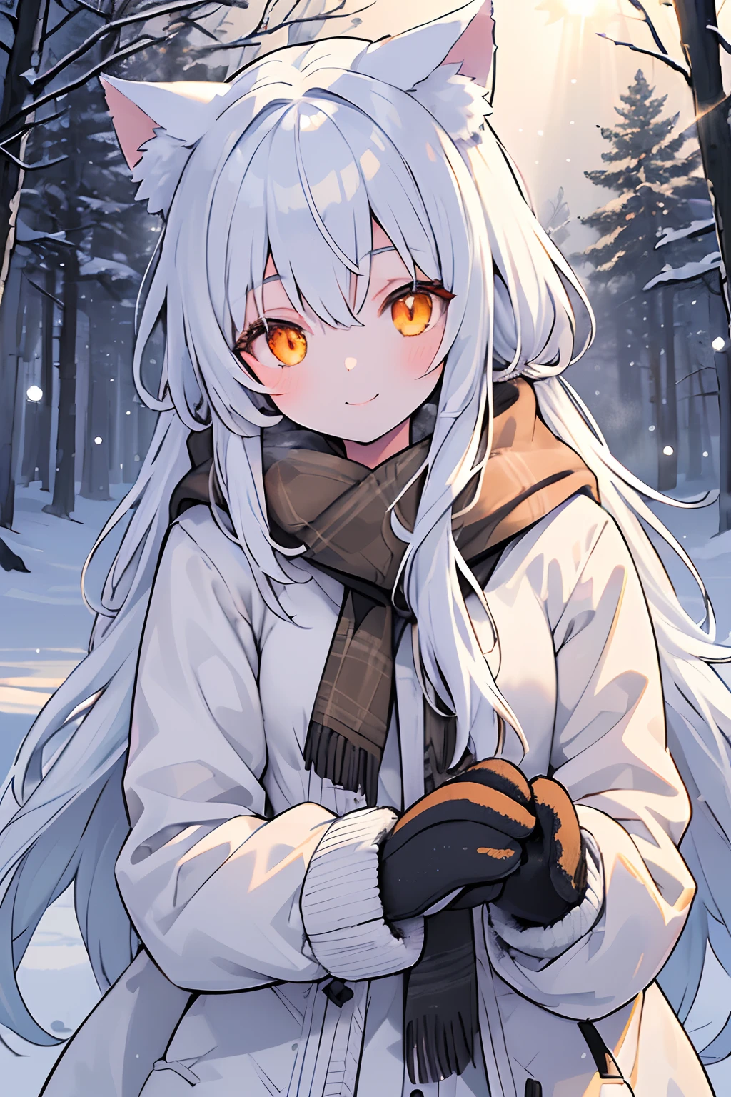 (Best Quality:1.05), 1girl in, Winter clothes, detailed  clothes, High quality winter clothes, intricate detailes, mittens, Smiling, Cold, Forest Village, Snow, yuki, Sun rays, Shining, zori, evening sun, Cat ears, Orange Eyes, White Winter Jacket,   Dynamic lighting, intricate detailes,