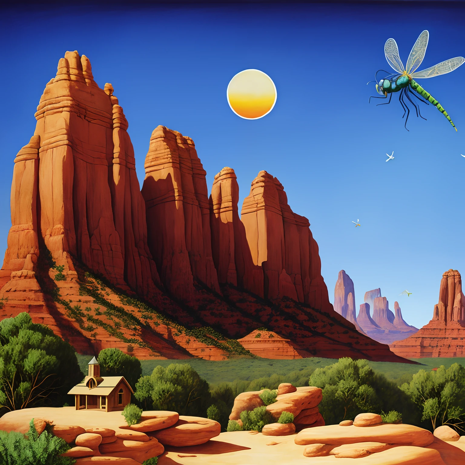 Watercolor pencil drawing of a desert scene with a crescent and a dragonfly, inspired by Vladimir Kush, whimsical fantasy landscape art, bruce timm and vladimir kush, sedona's cathedral rock bluff, stylized digital illustration, surrealist landscape painting, painted tower of the moon, painting of a dreamscape, inspired by Roger Dean, surreal painting, inspired by the Brothers Hildebrandt, whimsical log cabin, Sedona, Flagstaff, grand canyon, airplane, cemetary, mountain ledge up close, black and white miniature sheltie, broken heart