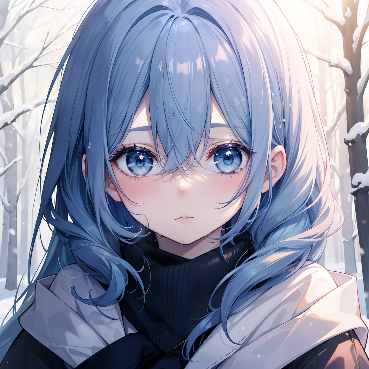 1girl in, (Teen), (close up), (Cute:1.2), Closed mouth, Wet your lips, (rosy cheeks), (Shy), (pale skin), (Dark blue eyes), (Blue hair), (Long hair), (Long strands), (Cold:1.4), (Young pine forest), (Snow),