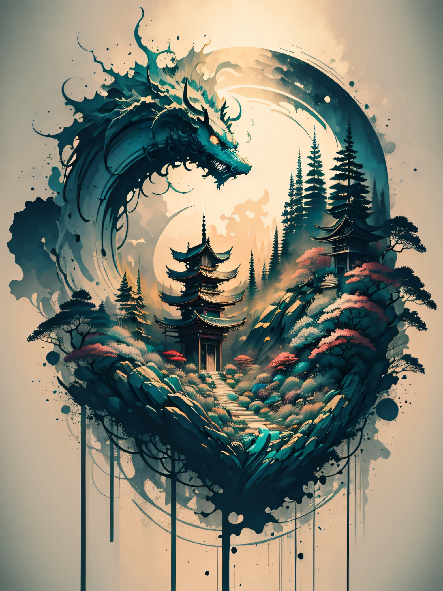 Masterpiece of a shinobi in the forest, made by Anato finnstark, high contrast color details, black and white, anime style, Japanese theme, hyperdetailed, ultra quality, 4k, bioluminescent lighting, chiaroscuro, white background with one color ink stains, drawing stroke made with Rottring 0.5mm pen, perfect drawing lines.