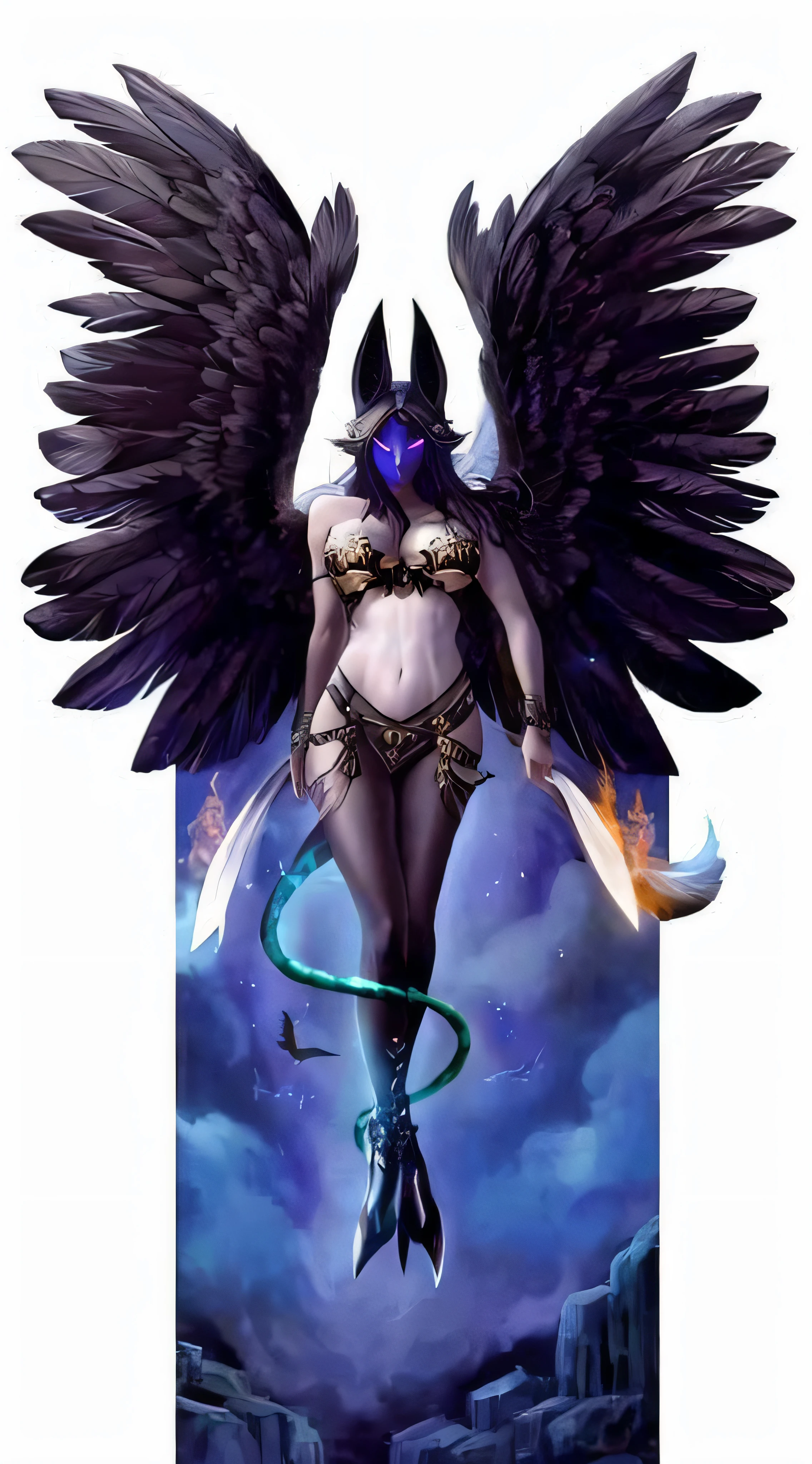 a woman with wings and a demon body is flying through the air, harpy woman, lilith, succubus, hecate goddess, villainess has black angel wings, eldritch goddess, demoness, harpy, raven winged female vampire, mystical anubis valkyrie, photo of ghost of anubis, hecate, high priestess, the angel of death