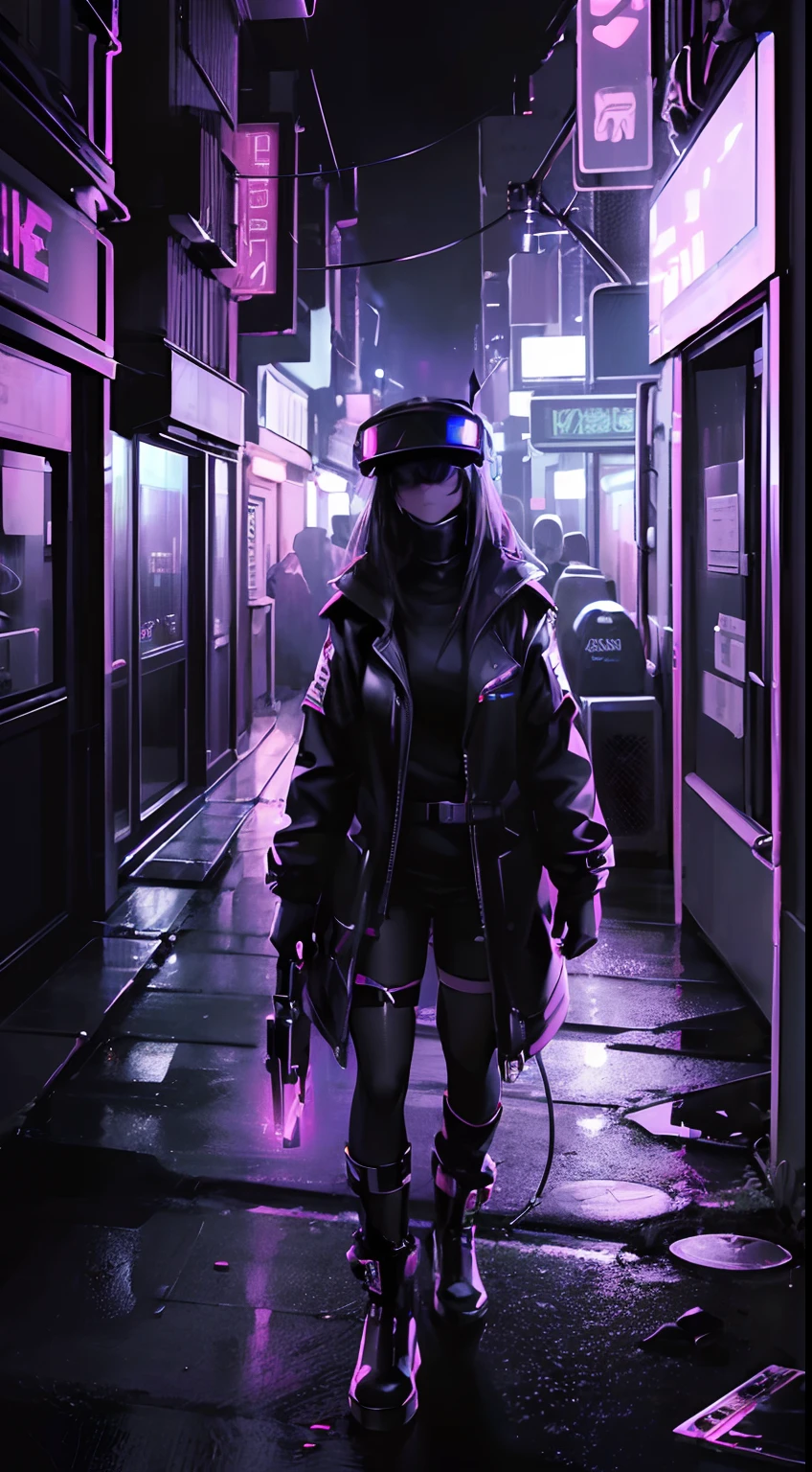 (best quality,4k,8k,highres,masterpiece:1.2),ultra-detailed,(realistic,photorealistic,photo-realistic:1.37),cyberpunk,dark cityscape,glowing neon lights,high-tech implants,holographic displays,futuristic fashion,sci-fi buildings,androids and humans coexisting,hovering vehicles,artificial intelligence(AI),dystopian metropolis,shadows and reflections,grimy alleyways,dimly lit streets,digital rain and glitches,urban decay,night-time cityscape,blurred motion lights,drones flying overhead,concrete jungle,technological implants,retro-futuristic aesthetics,post-apocalyptic vibes,high-rise skyscrapers,advanced robotics,underground hacker community,augmented reality(AR),cybernetic enhancements,haunting atmosphere,urban exploration,virtual reality(VR),mysterious figures in dark corners,cybernetic eyes,electronic music soundtrack,cybercrime and hacking,experimental technology,neon signs and advertisements,endless maze of wires and cables,shimmering data streams,unseen dangers lurking in the shadows