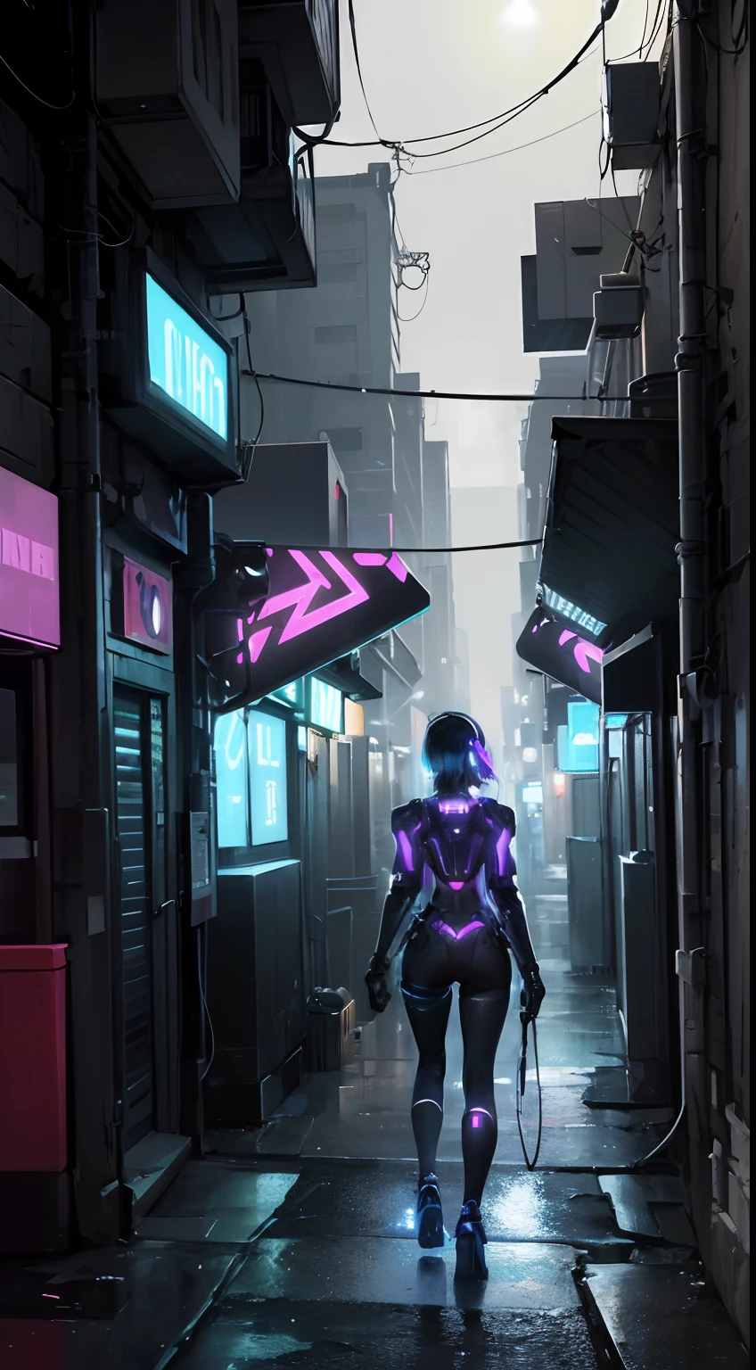 (best quality,4k,8k,highres,masterpiece:1.2),ultra-detailed,(realistic,photorealistic,photo-realistic:1.37),cyberpunk,dark cityscape,glowing neon lights,high-tech implants,holographic displays,futuristic fashion,sci-fi buildings,androids and humans coexisting,hovering vehicles,artificial intelligence(AI),dystopian metropolis,shadows and reflections,grimy alleyways,dimly lit streets,digital rain and glitches,urban decay,night-time cityscape,blurred motion lights,drones flying overhead,concrete jungle,technological implants,retro-futuristic aesthetics,post-apocalyptic vibes,high-rise skyscrapers,advanced robotics,underground hacker community,augmented reality(AR),cybernetic enhancements,haunting atmosphere,urban exploration,virtual reality(VR),mysterious figures in dark corners,cybernetic eyes,electronic music soundtrack,cybercrime and hacking,experimental technology,neon signs and advertisements,endless maze of wires and cables,shimmering data streams,unseen dangers lurking in the shadows