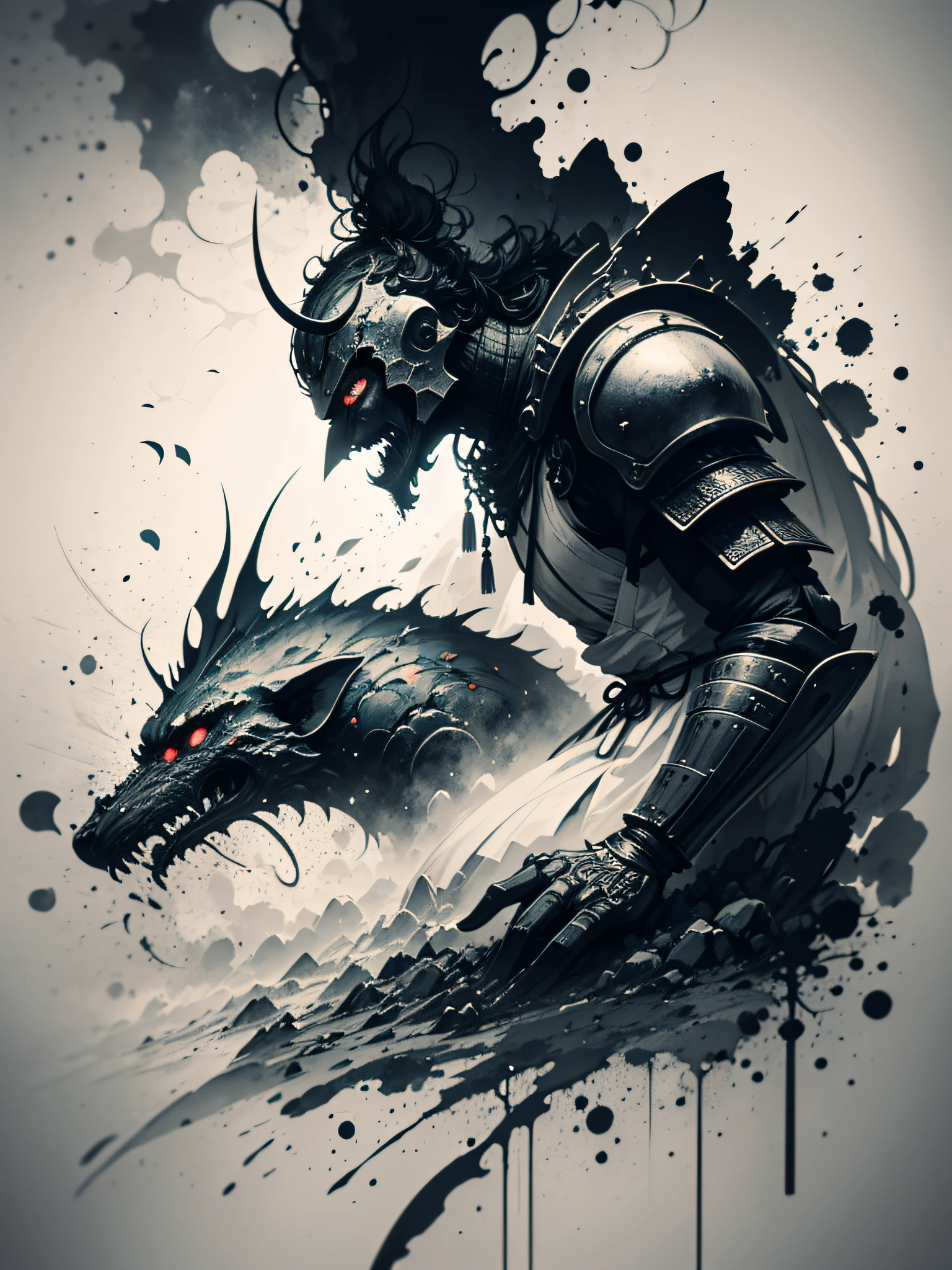 Masterpiece of a Samurai with his armor, by Anato finnstark, details with high contrast colors, black and white, anime style, Japanese theme, hyperdetailed, ultra quality, 4k, intricate lighting, chiaroscuro, white background with one color ink spots, drawing stroke made with 0.5 mm Rottring marker.