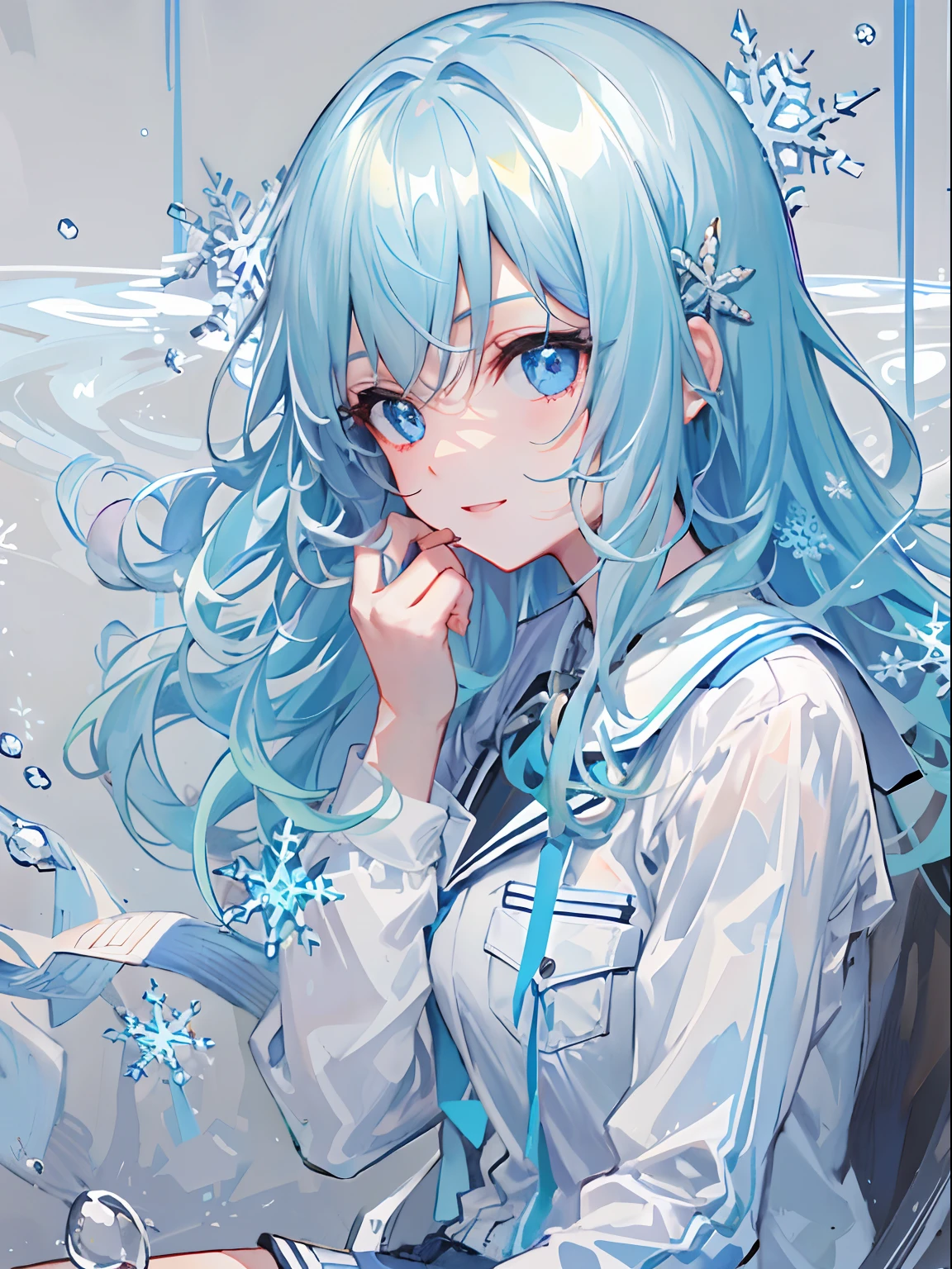 Anime girl with blue hair and blue eyes sitting in a chair - SeaArt AI