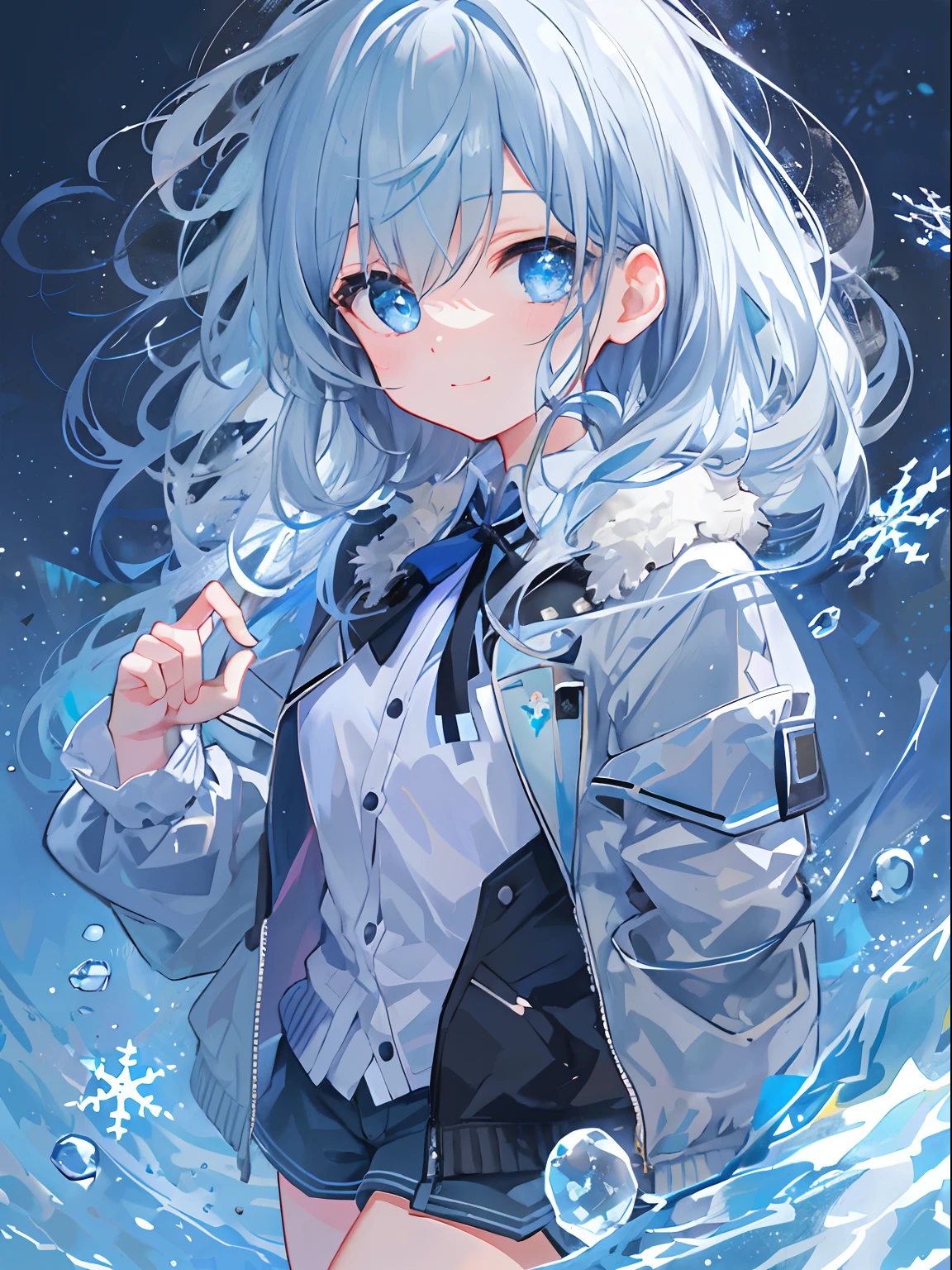 ((top-quality)), ((masterpiece)), ((ultra-detailliert)), (Extremely delicate and beautiful), girl with, 独奏, cold attitude,((Black jacket)),She is very(relax)with the(Settled down)Looks,A dark-haired, depth of fields,Evil smile,Bubble, under the water, Air bubble,bright light blue eyes,inner color with bright gray hair and light blue tips,,,,,,Cold background,Bob Hair - Linear Art, shortpants、knee high socks、White uniform like school uniform、Light blue ribbon ties、Clothes are sheer、Hands in pockets、Bright eyes like sapphire,Fronllesse Blue, A small blue light was floating、Upper Eyes、glass shards、Snowflake patterned eyes、Fantastic eyes