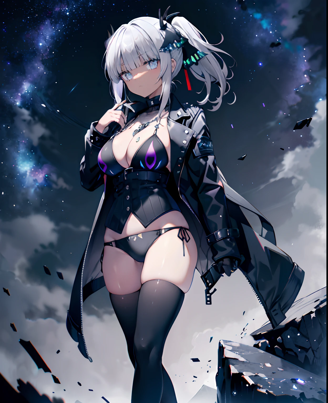 deer -h -r 540×960 /Devil Girl, masterpiece, high quality, positive view, Eye Level,(full body),(stone and sea background :1.2), night,(purple starry sky | blue starry sky),(gorgeous starry sky :1.3), handsome girl,(solo:1.3),((1girl)),(25 years old), (dark dark grey skin :1.5), gyaru, standing posture,(long white hair), long hair to waist,(fluffy white high ponytail,:1.2), bangs pinned back,(glowing grey eyes :1.2),(grey pupils :1.4),(prismatic large eyes :1.3), Grim expression, serious look, suit style clothing, (black devil horns :1.4), (black leather bikini :1.3), (suit jacket jacket :1.2), black tone clothing, (black large wide belt :1.3), \\\\(red armband \\\\), tactical bound legs, black leather boots, (steel hands), Fit, sexy, (large breasts), (tall), (extremely tall height :1.3), very tall, (chain decoration, inverted five-pointed star decoration)