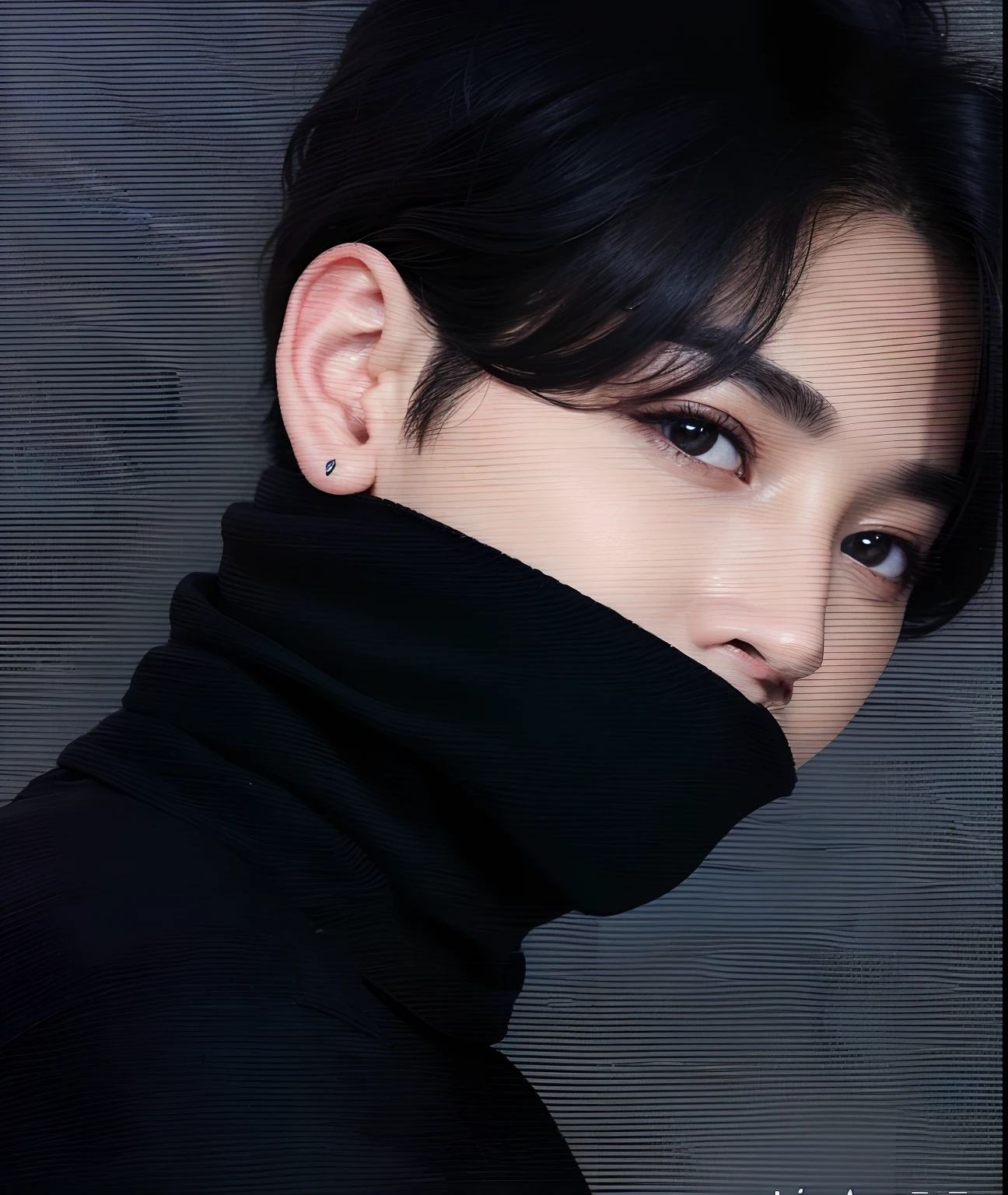A close-up of a person wearing a black turtleneck sweater, jungkook, Hyung Tae, Jinyoung Shin, Cai Xukun, photo session, BTS, sonrisa astuta, taken in the early 2020s, 2 1 salvaje, Taejune Kim, Inspirado por Jeonseok Lee, Fanart oficial, diez Lee, Brillante por la lluvia, mirada inocente, mirada amenazante, Arte Oficial