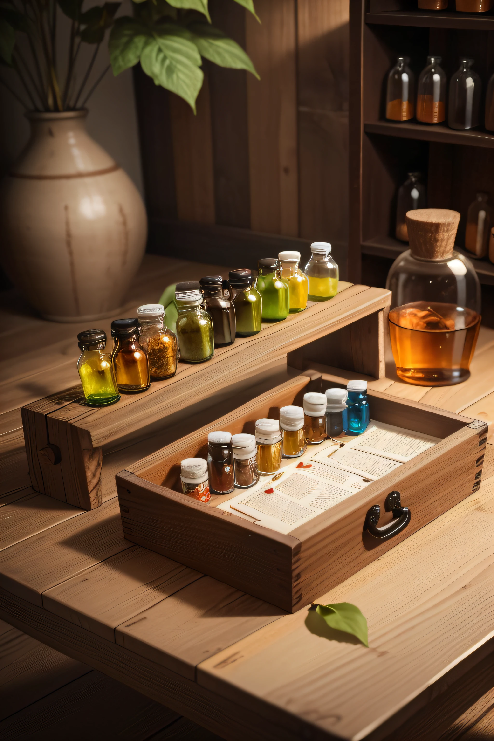 wooden table with several capsules of various colors and some medicine bottles, algumas ervas, Branchesroots and leaves of super realistic herbal medicines