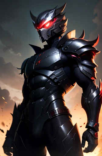His name is Grouse。Jet black armor,Glowing red eyes。