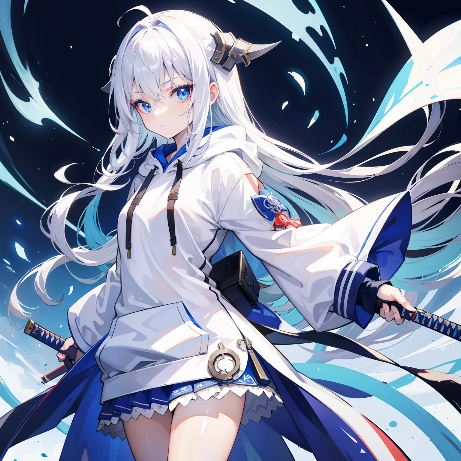 1girll, Small breasts,stitched face, patchwork skin, Closed mouth, long_hair, Cold Face,city,Street, White hair, ,stitched_Face,Patchwork_skin,Cowboy Shot,( Hoodie),(hands on pockets),Wear a sweatshirt underneath、Japan quietly holding a sword、Japan sword engulfed in blue flames、Quietly hold a Japan sword on the fantastic lakeside、White hoodie、hoods、Blue eyes、a miniskirt、 s、slender、Crisp eyes、Filigree、hiquality、animesque、Sword stance