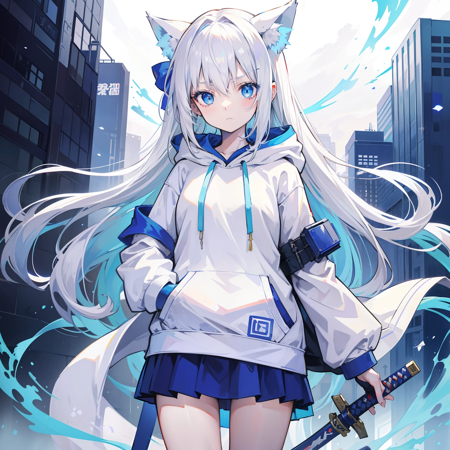 1girll, Small breasts,stitched face, patchwork skin, Closed mouth, long_hair, Cold Face,city,Street, White hair, ,stitched_Face,Patchwork_skin,Cowboy Shot,( Hoodie),(hands on pockets),Please wear a sweatshirt underneath、Japan quietly holding a sword、Japan sword engulfed in blue flames、Quietly wielding a Japan sword on the fantastic lakeside、White hoodie、hoods、Blue eyes、a miniskirt、Cute little girl s、slender、Crisp eyes、Filigree、hiquality、animesque、Sword posture、blue aura、Fantastical
