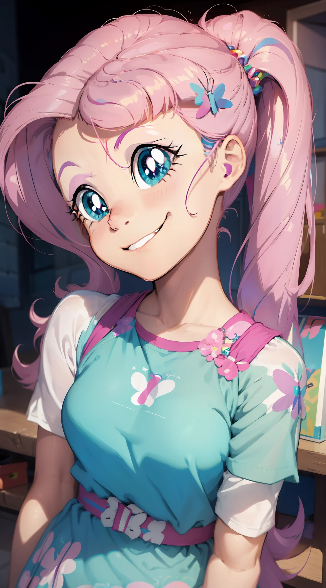 a close up of a cartoon pony with a rainbow on it, rainbow dash, giddy smirk, her hair is in a pony tail, auroracore, fim still, with no derpy face, she has a cute expressive face, mlp, she has two ponytails, windy mane, rainbowcore, bright rainbow nimbus, proud smirk, wry smirk