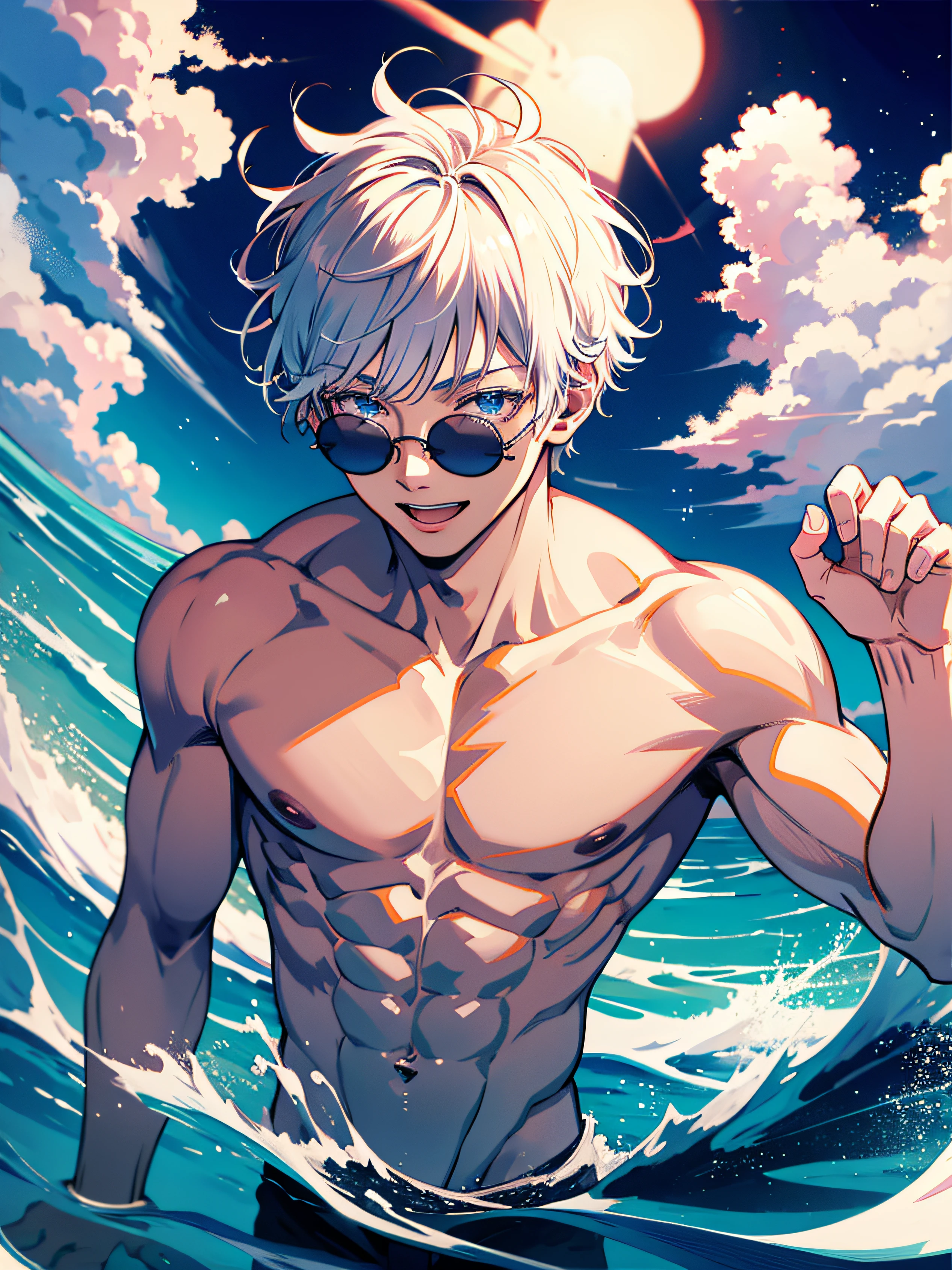 Masterpiece, Best quality,
1 man, Satoru Gojo, Muscular, Shirtless, Solo, Male focus, White hair, Short hair, hair between eye, Blue eyes, Upper body, colored eyelashes, sunglasses, Smile, looki at viewer, Solo, Floating sea
 (Masterpiece:1,2), Best quality, Masterpiece, A high resolution, Original, extremelydetailedwallpaper, Perfect lighting,(Extremely detailed CG:1.2),