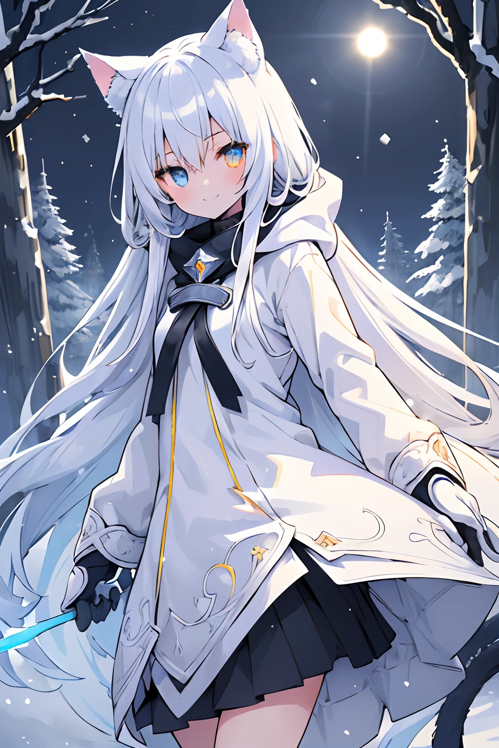 (Best Quality:1.05), 1girl in, Winter clothes, detailed  clothes, High quality winter clothes, intricate detailes, mittens, Smiling, Cold, Forest Village, Snow, Yuki, Sun rays, Shining, zori, evening sun, Cat ears, Orange Eyes, White Winter Jacket,   Dynamic lighting, intricate detailes,White hoodie、hoods、Blue eyes、a miniskirt、Cute *********** s、slender、Crisp eyes、Filigree、hiquality、animesque、Sword posture、blue aura、Fantastical