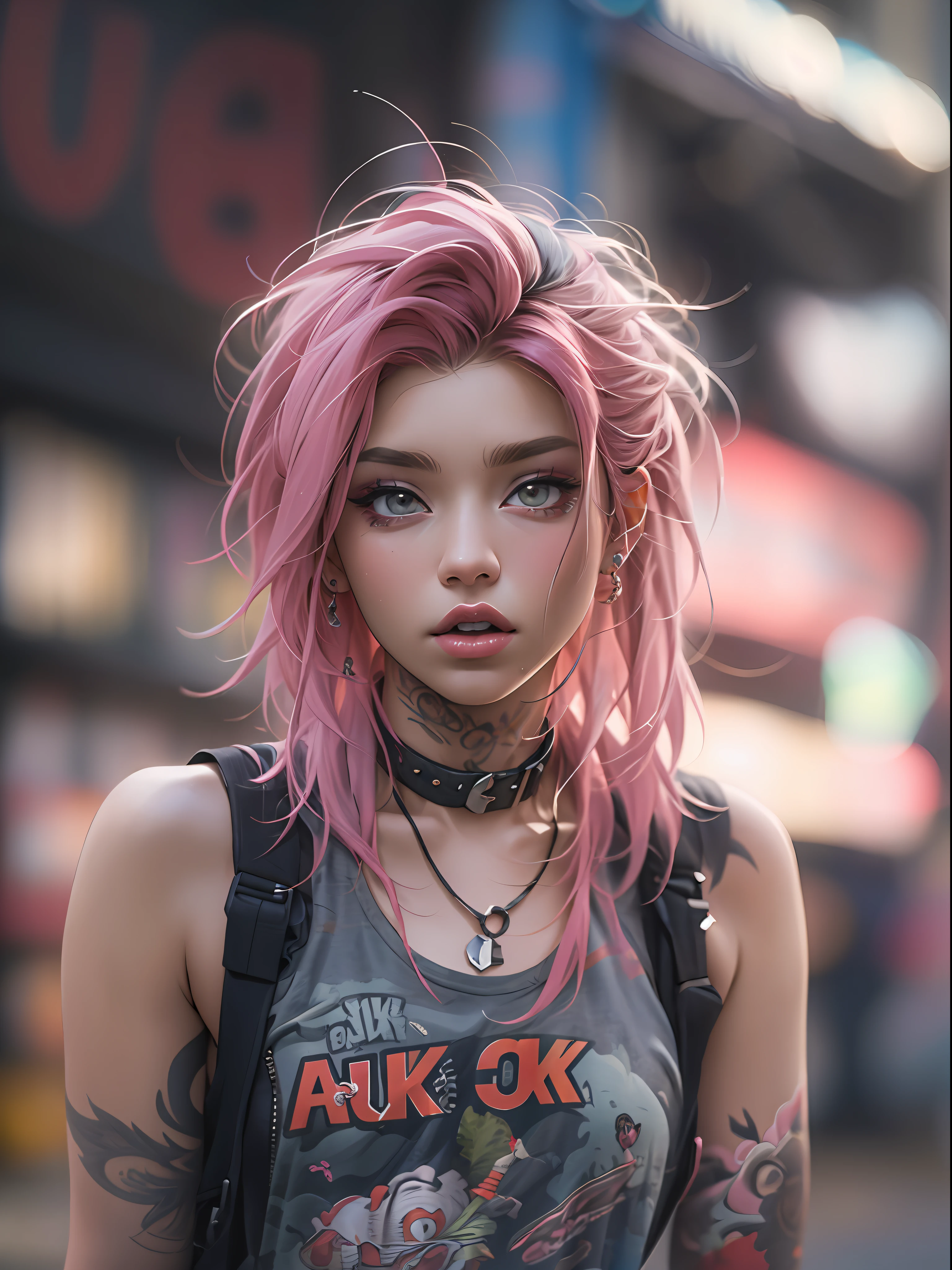 ((best quality)), ((masterpiece)), ((realistic)), (detailed), (1 girl) women, hoodie, arm tattoo, portrait, asymmetrical bangs, bandaid, short hair, bangs, breasts, freckles, grey eyes, large breasts, looking at viewer, neck tattoo, nose piercing, pink hair, solo, tattoo on face, upper body, detailed background, town, alley, dark alley, portrait, hood on head, night, angry, close up, closed mouth, , ((masterpiece)), absurdres