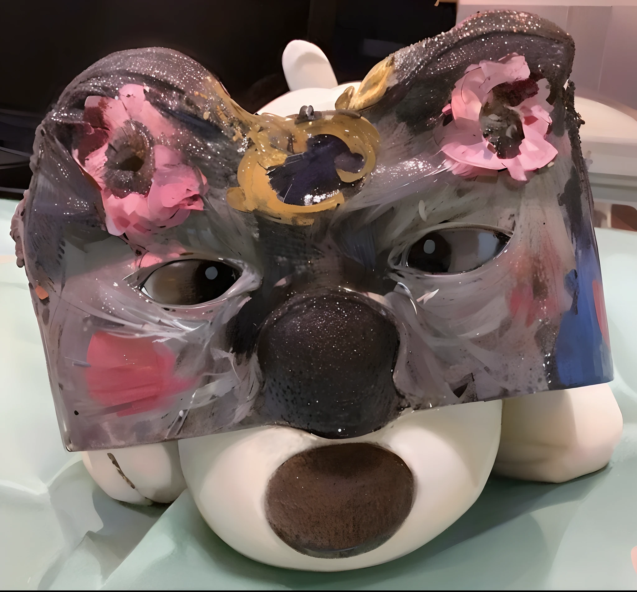 there is a mask made to look like a dog with a bow, added detail, detailed mask, dog head, fursuit, closeup of the face, kitsune mask on head, kitsune mask, mask, ornate mask and fabrics, intermediate art, with kitsune mask, the mask covers his entire face