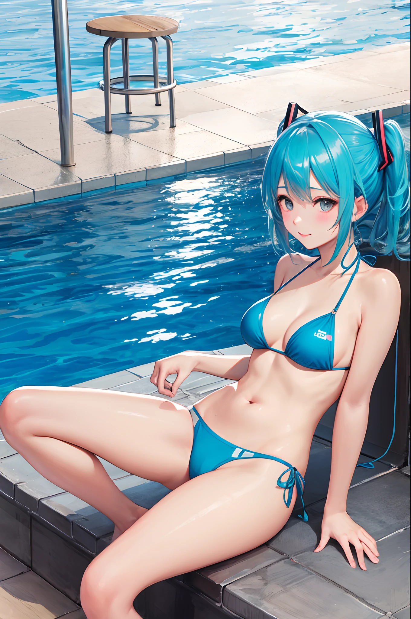 ​masterpiece、Top image quality、超A high resolution、NSFW、miku hatsune、blue hairs、Twin-tailed、Short hair、Blushing、Embarrassing appearance、fullnude、Fashionable string bikini、Open your legs wide、in poolside、resort hotel
