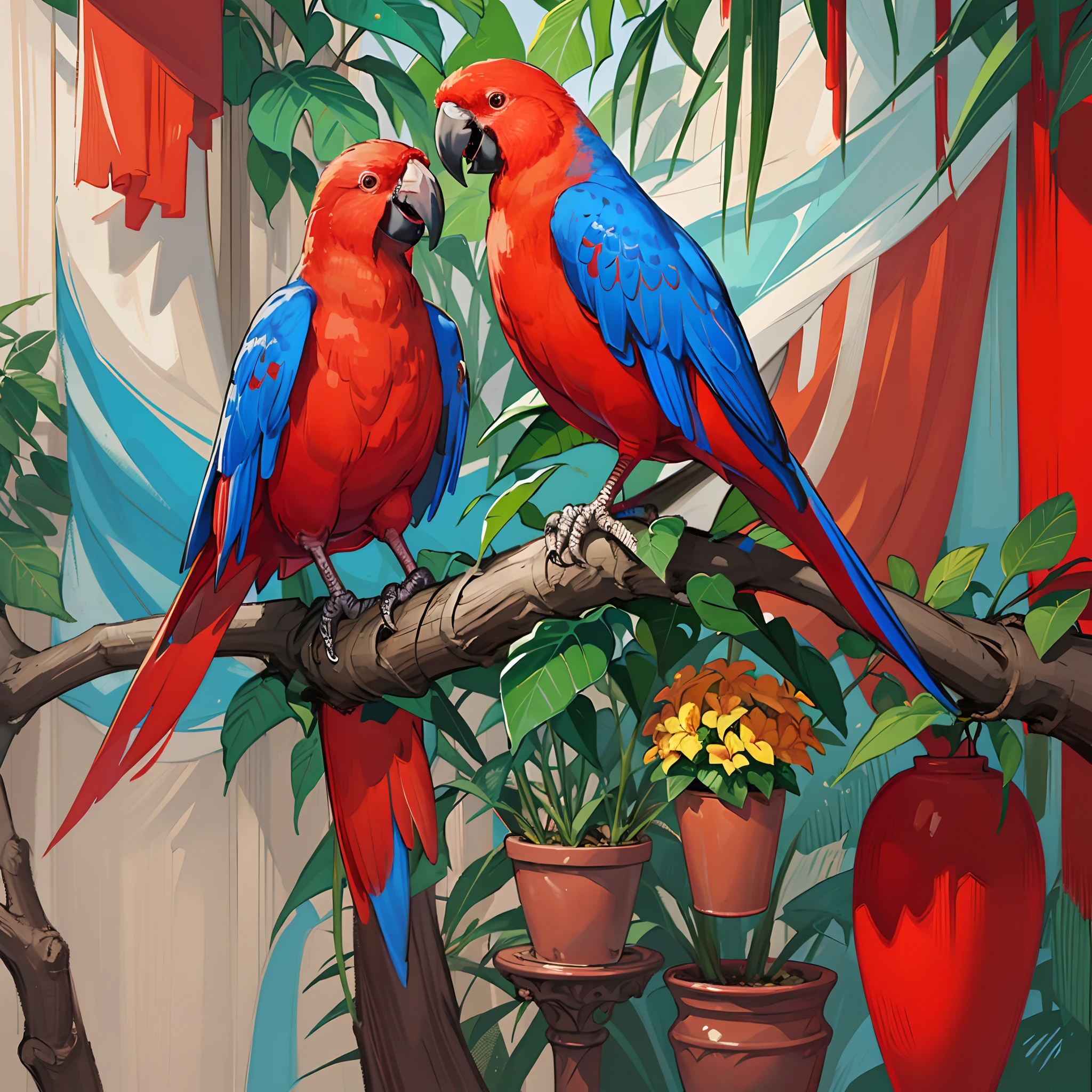 There are two red parrots sitting on a branch next to a flower pot, Arte bonita UHD 4K, Papagaios, pintura digital altamente detalhada, Arte digital altamente detalhada em 4k, colored birds, pintura digital bonita, 8k arte detalhada de alta qualidade, pintura detalhada 4K, pintura digital altamente detalhada, aves tropicais, Gotejamento HD colorido, arte digital altamente detalhada