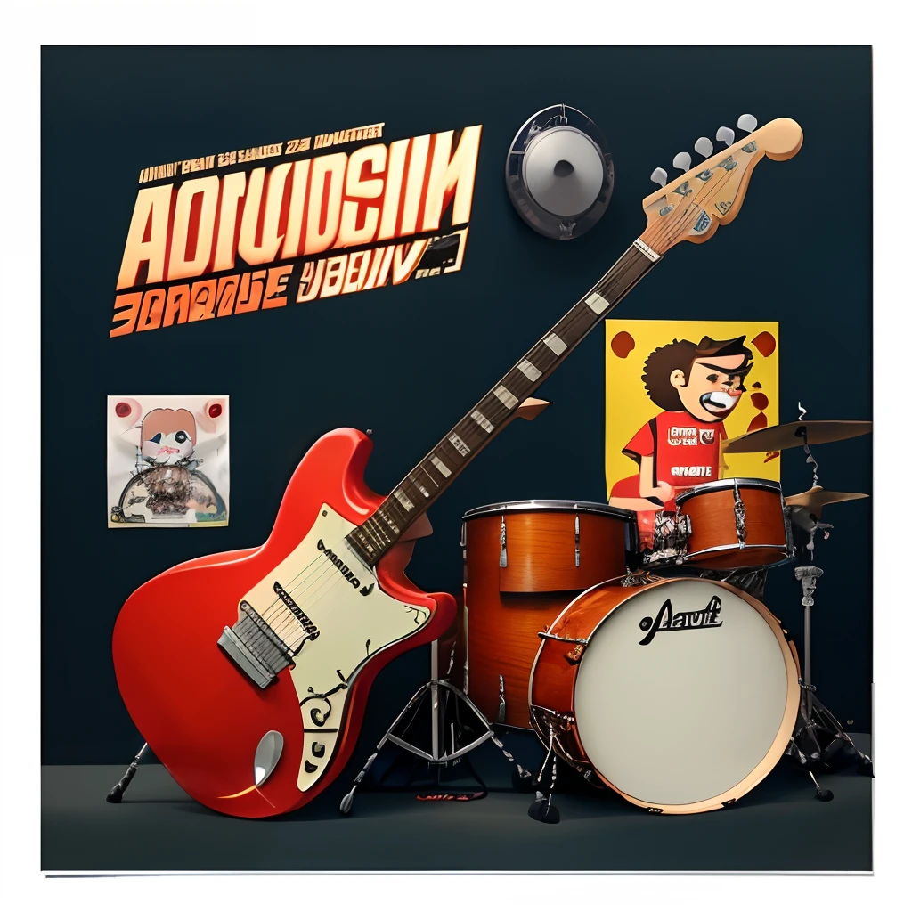 Vertical version A4，guitar，cartoon poster，Promotional image，cartoony，Drum kit，flat style