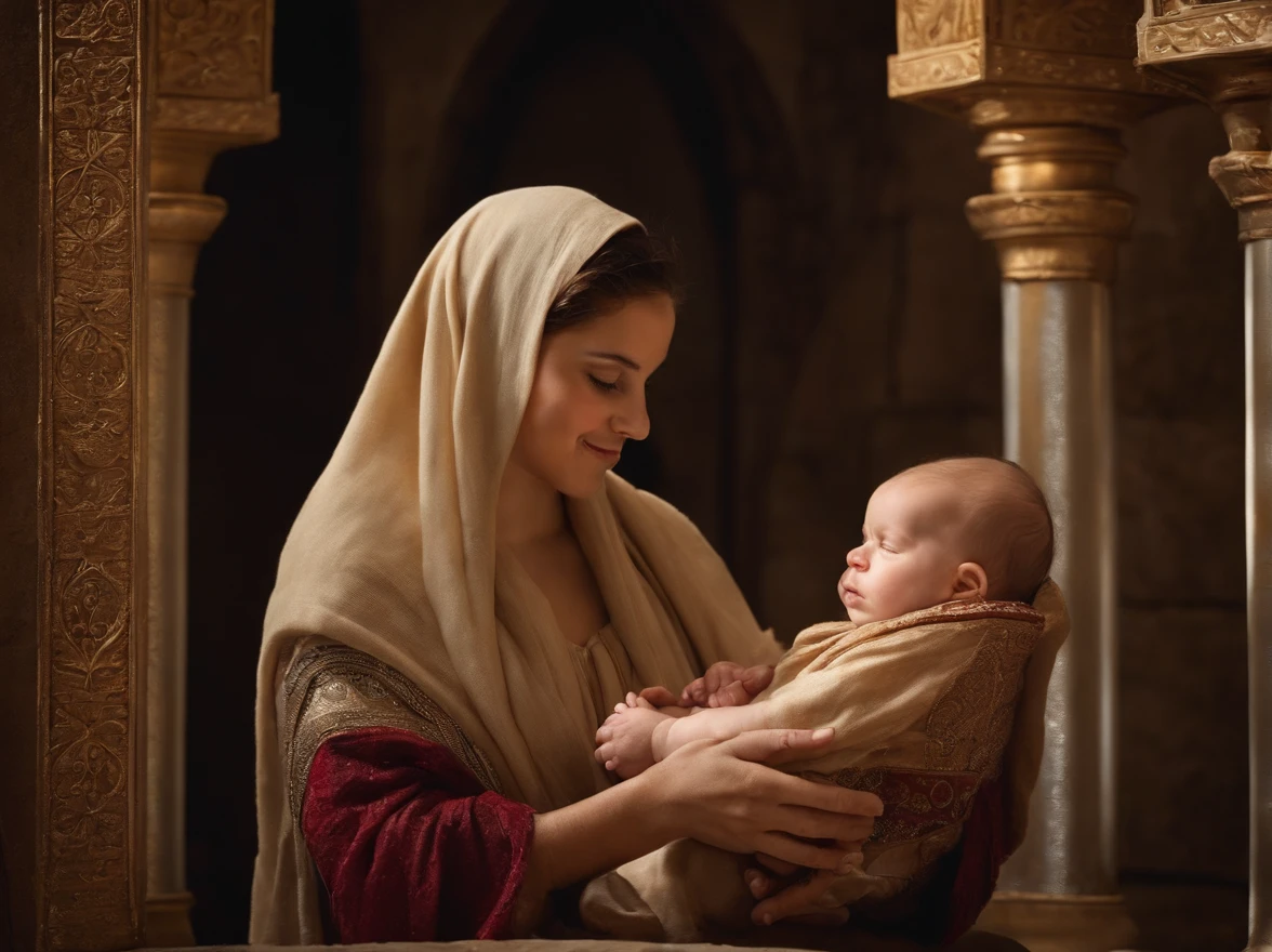 "Por favor, create a hyper-realistic photographic image that depicts the scene in which a woman consults Zechariah about the 's name. About the price, Zacarias, dressed in Muslim clothes of the time and with his hair covered, is unable to speak and chooses to write the answer. The countenance on his face conveys happiness and joy as he reveals the baby's name as 'John'. As pessoas ao seu redor, also dressed in Muslim costumes from the time of the Roman Empire, display expressions of curiosity and contentment. The photography is extremely realistic, with specular illumination, volumetric facial light, and visible shadows, enfatizando detalhes intrincados. The image is elaborate and hyper-realistic, capturing the cultural richness of the time and the emotion of the moment, Based on the biblical narrative." Both are standing in front of the synagogue
