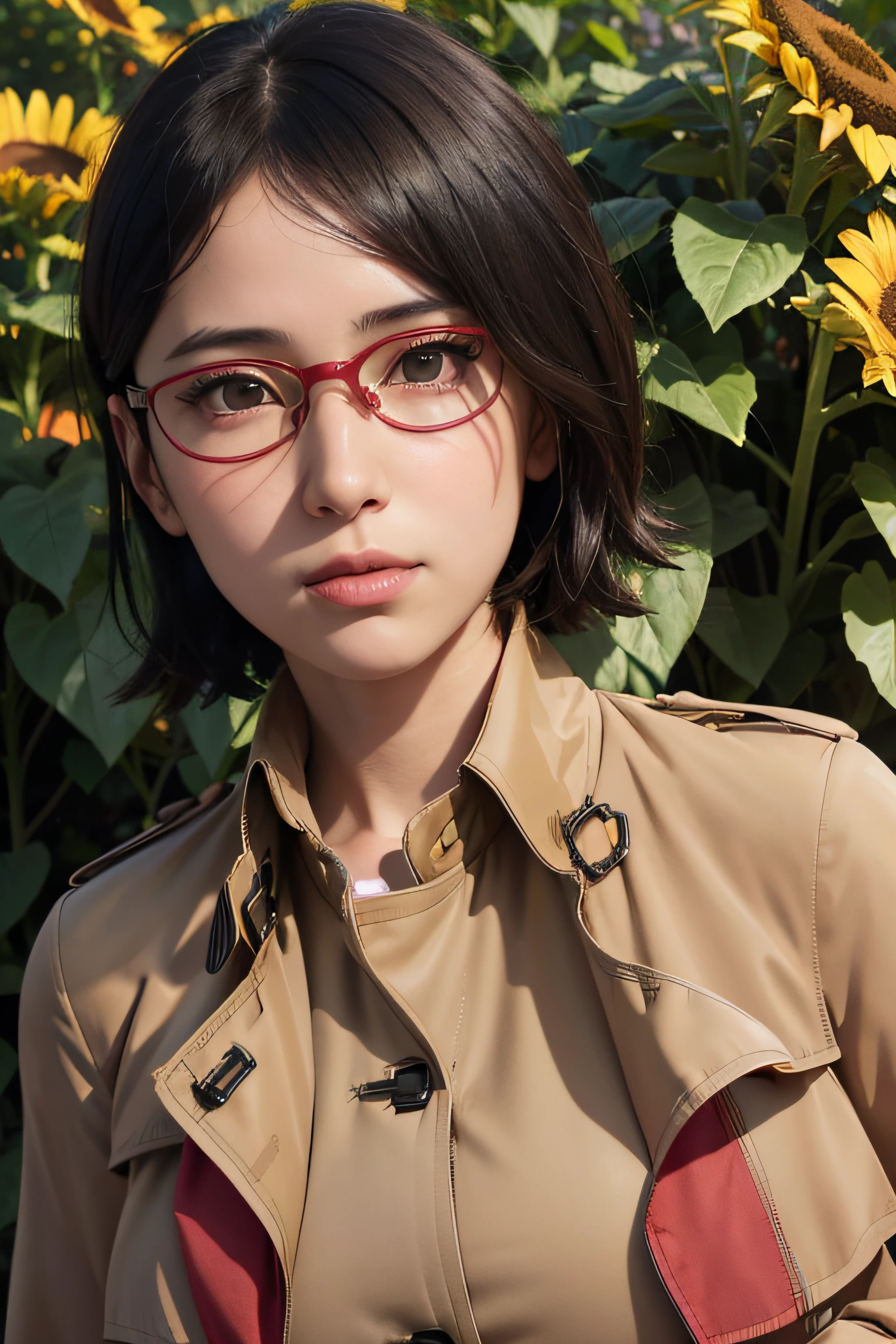 masterpiece, best quality, (realistic, photo-realistic:1.4), (RAW photo:1.2), extremely detailed CG unity 8k wallpaper, delicate and beautiful, amazing, finely detail, official art, absurdres, incredibly absurdres, huge filesize, ultra-detailed, extremely detailed, extremely detailed girl, extremely detailed eyes and face, light on face,little smile,sarada uchiha,(parted bangs:1.2),short hair,black hair,(wearing trench brown coat:1.5),garden,(teen girl:1.7),close up,(wearing red framed glasses:1.4),sunflower garden