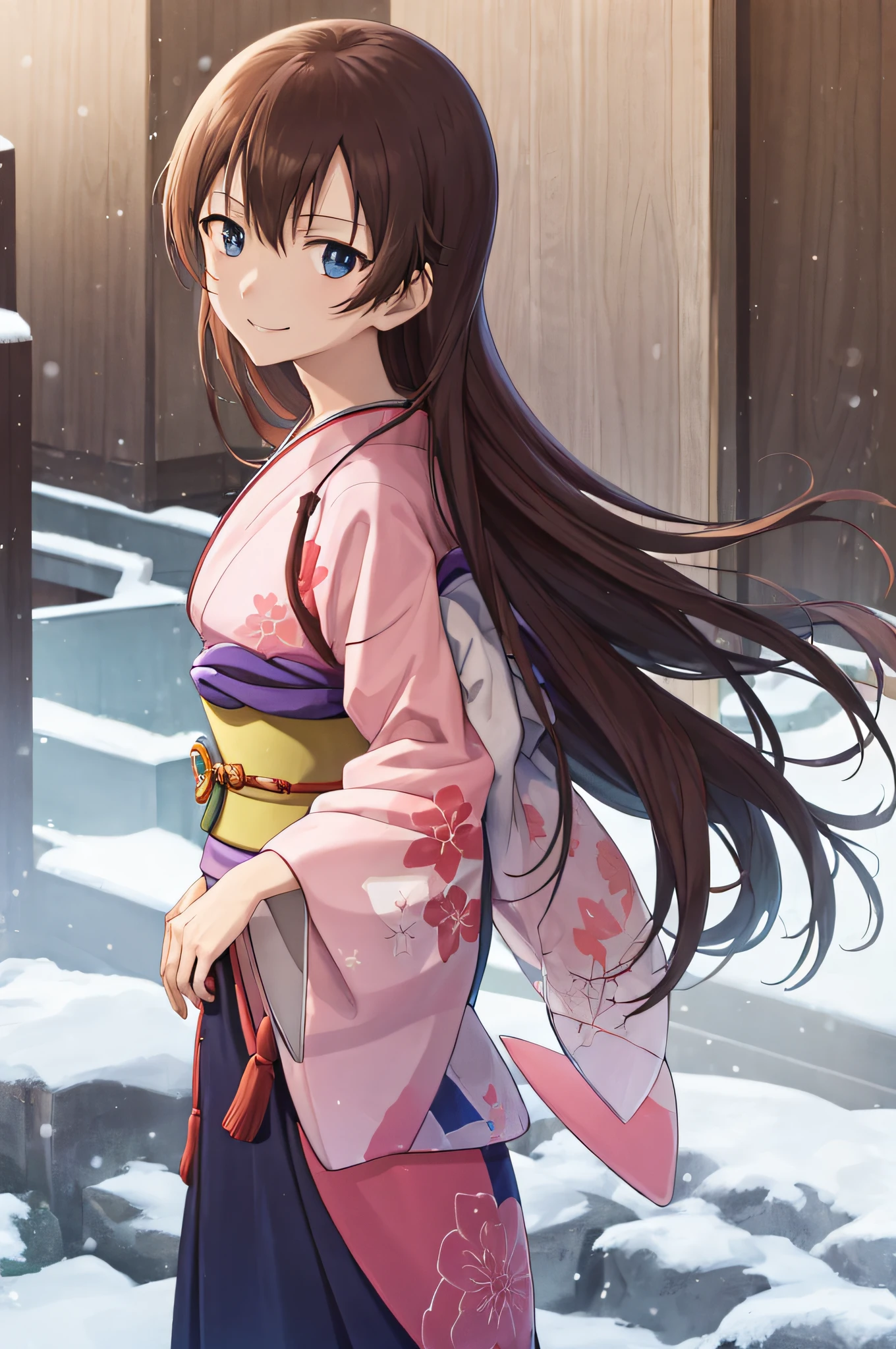 (masutepiece, Best Quality:1.2), hight resolution, anime screen cap, Anime coloring, 1girl in, Solo,
Hiromi_Yuasa, Brown hair, Long hair, Bangs, hair between eye, Blue eyes, Kimono,Pink kimono, Kimono with fancy design,veranda、 Looking at Viewer, from the front side,((The best smile))、Fantastical、It's snowing、