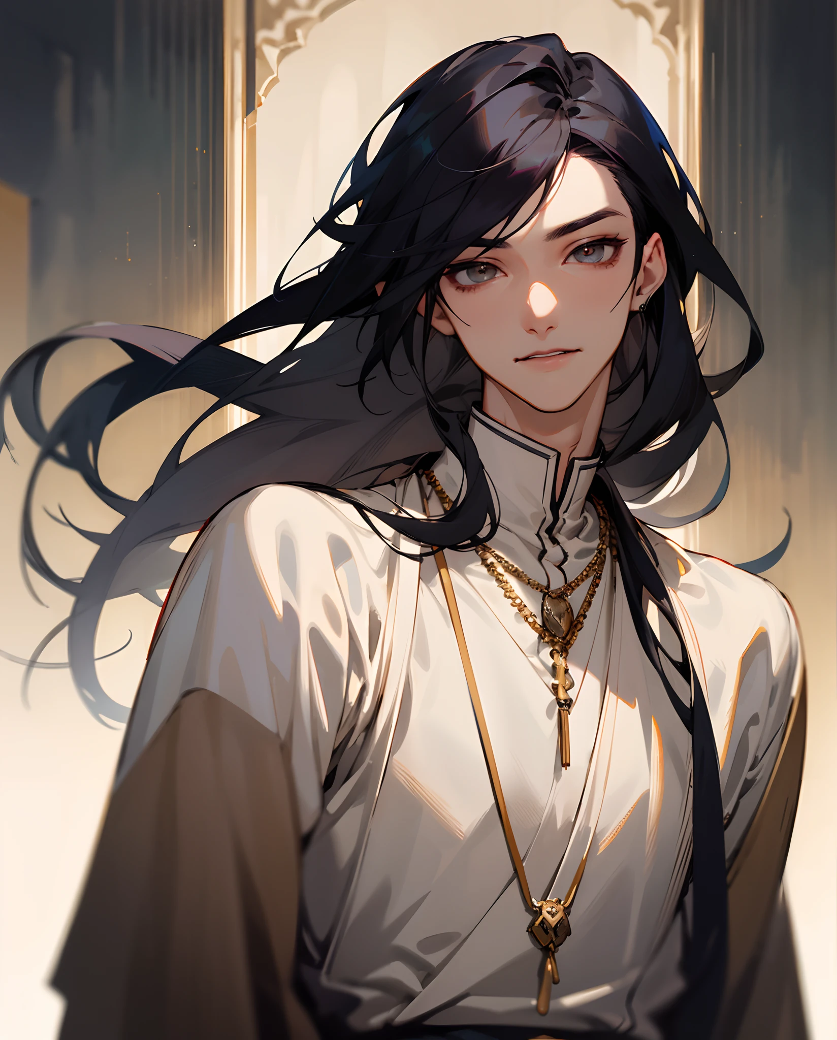 masterpiece, top-quality, shoun, intricate detailes, Modern urban streets, Happiness, tenderness, high-level image quality、beautiful male、tall、Korean Male, k pop, Professional Photos, Vampires, Hermit clothes、By Fedman with a necklace, inspired by Sim Sa-jeong, androgynous vampire, :9 detailed face: 8, extra detailed face, detailed punk hair, ((asa)) baggy eyes, Seductive. Highly detailed, semi realistic anime, Vampires, hyperrealistic , delicate androgynous prince, imvu, Hair long enough to reach the shoulders, Long-haired beautiful boy, A man with a gentle expression, Boy with light black hair