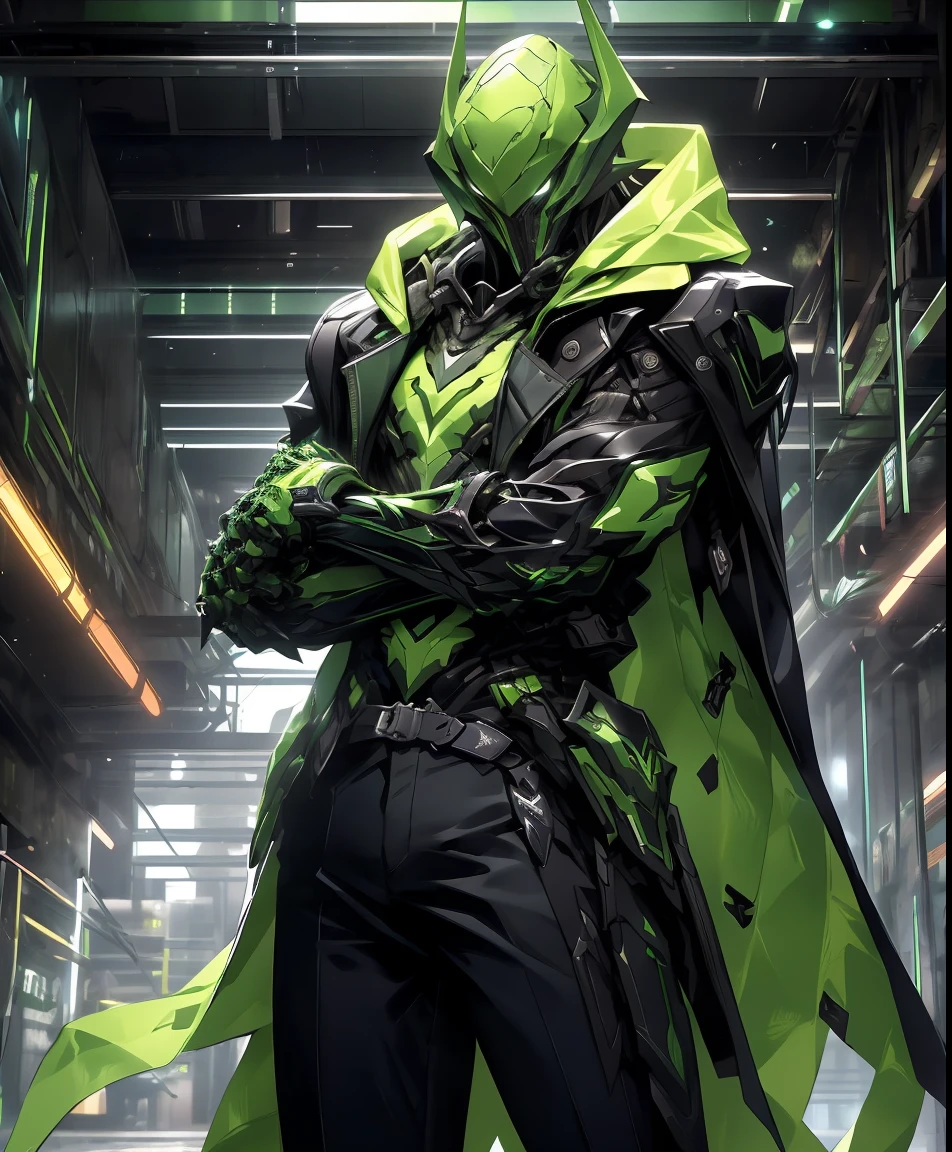 a man in a green jacket and black pants standing in a dark room, wearing cultist green robe, green attire, character from mortal kombat, as a character in tekken, fighting game character, cyberpunk assassin, green hooded mage, cyberpunk outfits, green clothes, the green ninja, wearing leather assassin armor, an edgy teen assassin, cool green jacket, cyberpunk street goon