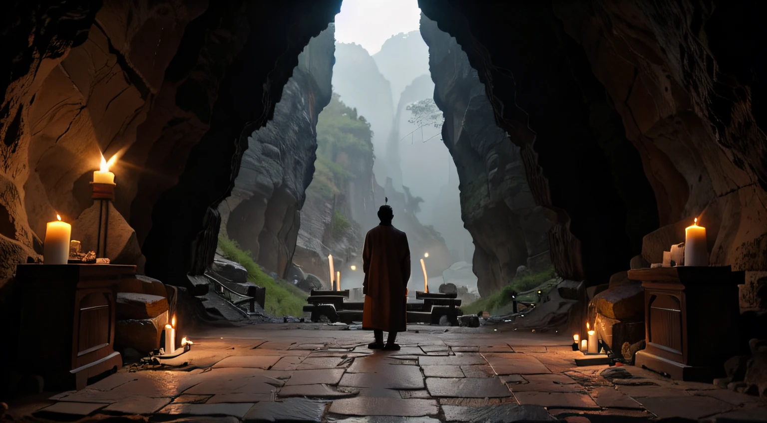 Caves in the mountains of Korea, There is an old temple in the cave. The stone path in front of the temple winds and candles are lit on both sides of the road. Monk standing facing the temple, haze, Water on the floor