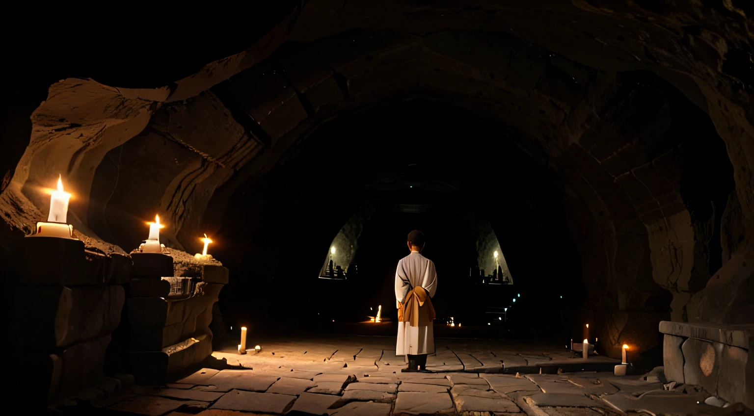 Caves in the mountains of Korea, There is an old temple in the cave. The stone path in front of the temple winds and candles are lit on both sides of the road. Monk standing facing the temple, haze, Water on the floor