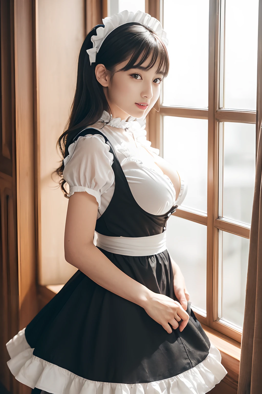 ((1 Beautiful Maid,Adult maid,20yr old,Half Japan and half Spanish,victorian maid, black and white maid uniform,Maid clothes with frills,Maid outfit with big apron,Maid outfit with a big apron,Luxury Maid Clothing,Long skirt, Victorian Maid Costume,Wearing maid clothes,Cleaning windows,Peeping the huge window,The background is a large apartment room,Detailed interior decoration of a luxury apartment,Very large room,Peeping the huge window,Cleaning)),(Emphasize body lines,large full breasts,Big breasts that are about to burst,stares at the camera,sexy facial expression,sexypose,Looking at the camera,Abundant hairline,Top image quality, Top image quality, masterpiece, White teeth,stares at the camera,high-definition RAW color photography, professional photograpy, extremely delicate and beautiful, Extremely detailed,finely detail, Huge file size,Top image quality,8K,Photos taken with a single-lens reflex camera)