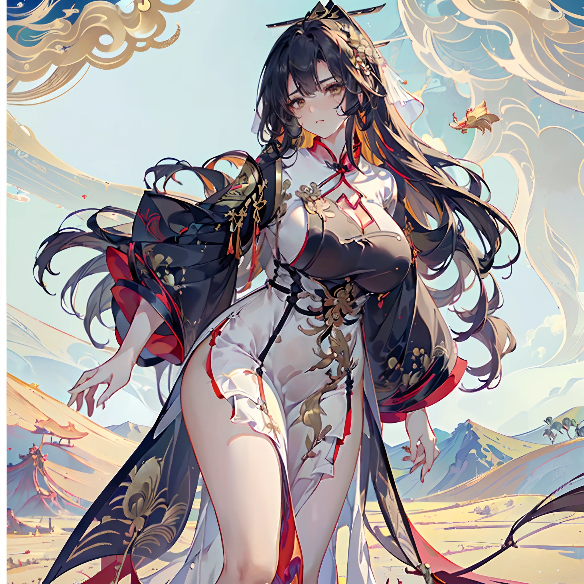 ((best quality)), (((masterpiece))), (highres), original, extremely detailed 8K wallpaper, [an extremely delicate and beautiful girl who with dark red long hair,dress,scarf,feather and is (heroic battle:1.3)],(beautiful detailed red eyes),world masterpiece theater,beautiful detailed garden, fluttered detailed petal, grow, melting, abstract, [a girl who has short hair with long locks,small breast ,messy hair, red eyes,long sleeves ,Taoist robe,oversized clothes is melting and splashing],splash,hyper detailed,backlighting,sand, water,black background, dust clodust,water splash, (((Ink painting style))),(((Chinese Brush Painting))),, Blacker than black, darker than darkness, I wished for my crimson mixture, The hour of awakening has come, Falling into the border of infallibility, Appear as a distortion of worklessness, dance dance dance, What I want from the torrent of my power is collapse, Unparalleled collapse, All things equally reduced to ashes, come from the abyss, This is mankind's most powerful means of attack., This is the ultimate attack magic, Explosion!