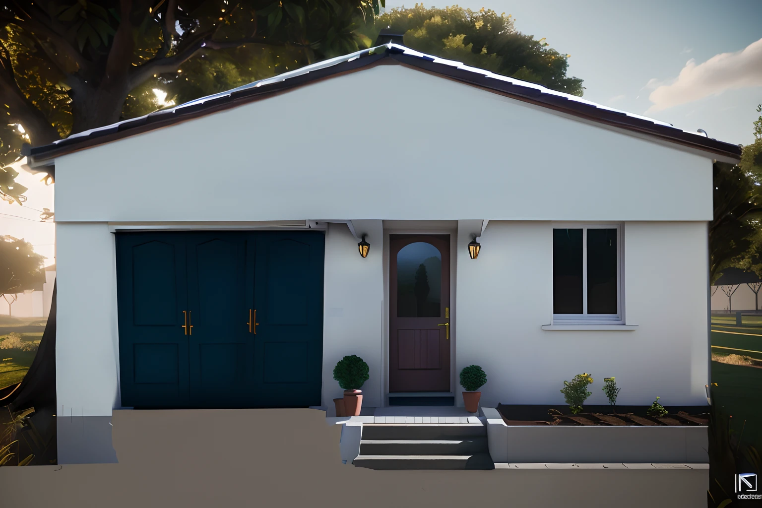 There is a small white house with a blue door and a brown roof, pre-rendered, Lumion Pro cinematic rendering rendered, Estilo ultra realista, Digital Night Lighting, finalrender, renderizado em Arnold, altamente renderizado!!, [ Fotorrealismo 4K ], Processado, em estilo de realismo simplificado, clean render, finalrender